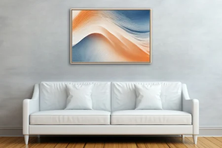 Minimalist abstract wave art in peach cream and steel blue with ridged texture