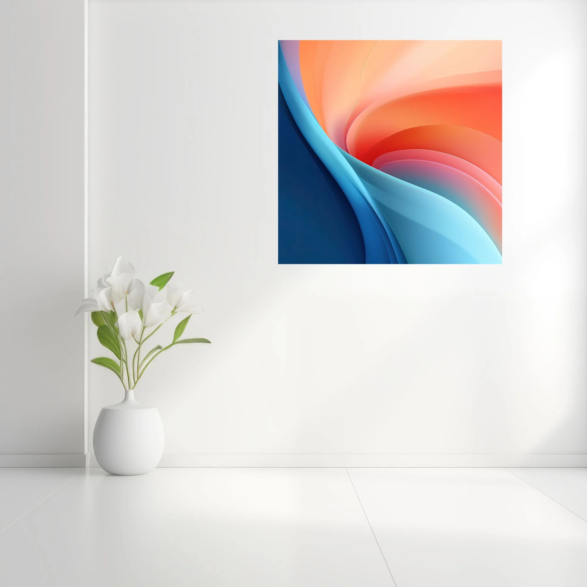 Abstract swirling gradient art in coral orange and navy blue with fluid curves