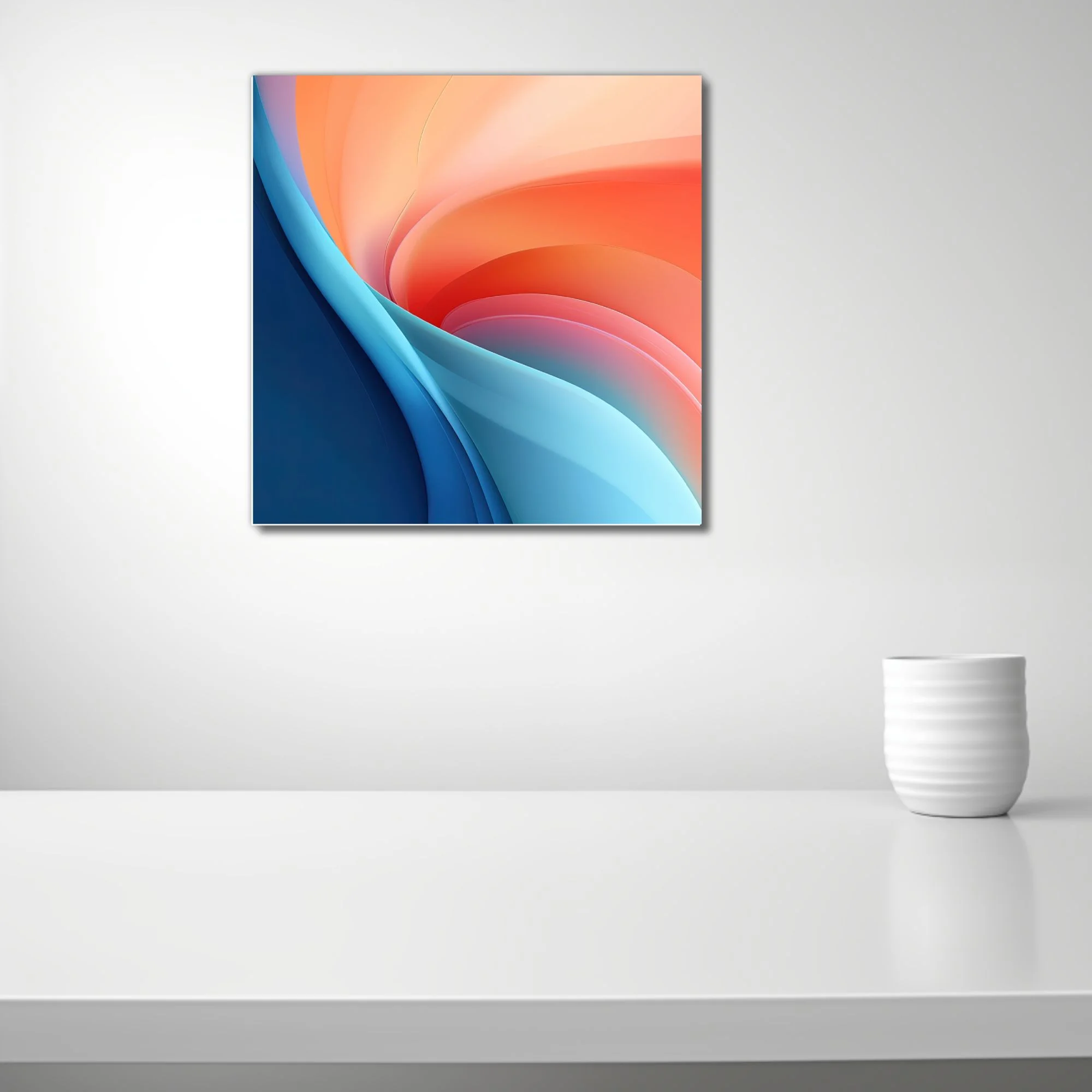 Abstract swirling gradient art in coral orange and navy blue with fluid curves