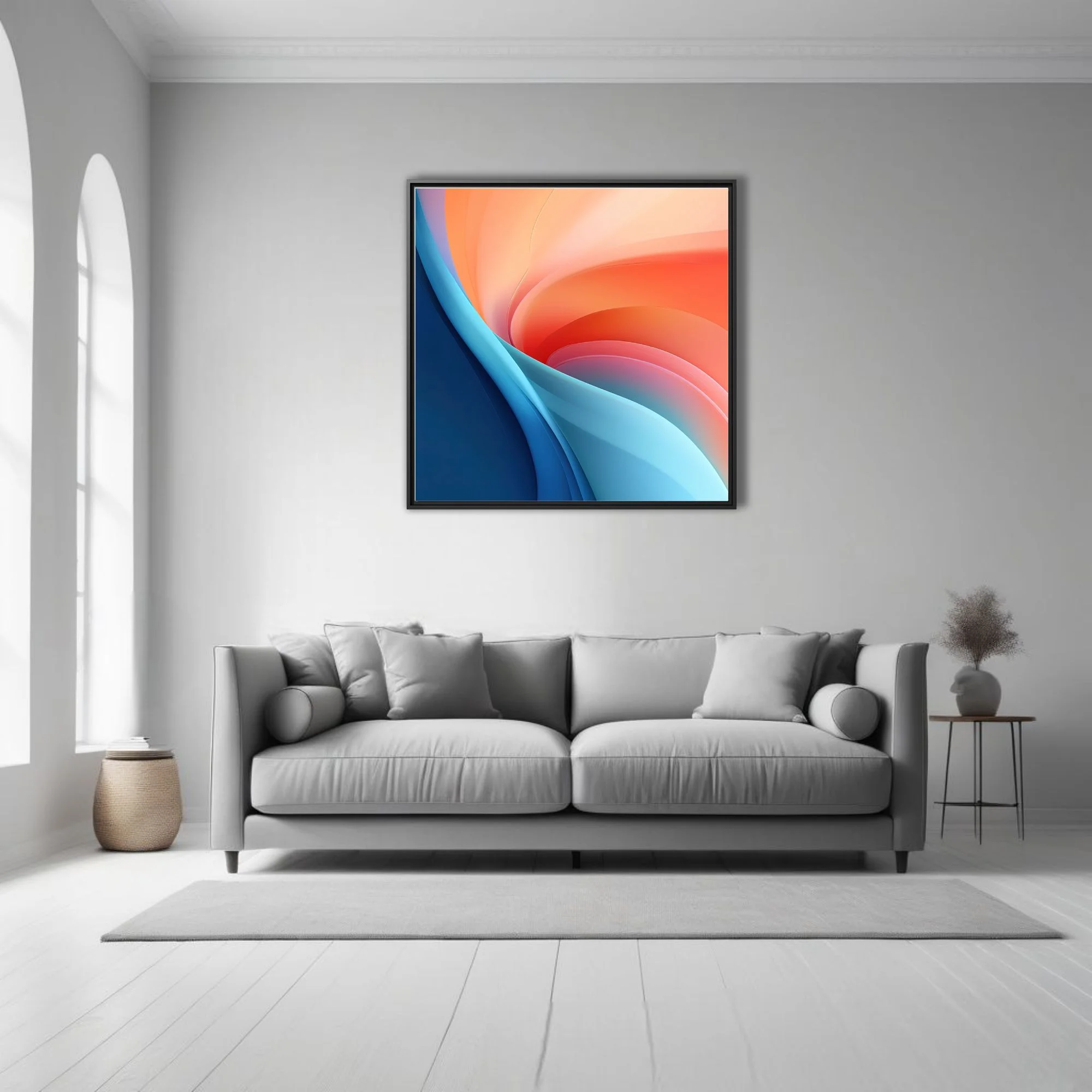 Abstract swirling gradient art in coral orange and navy blue with fluid curves