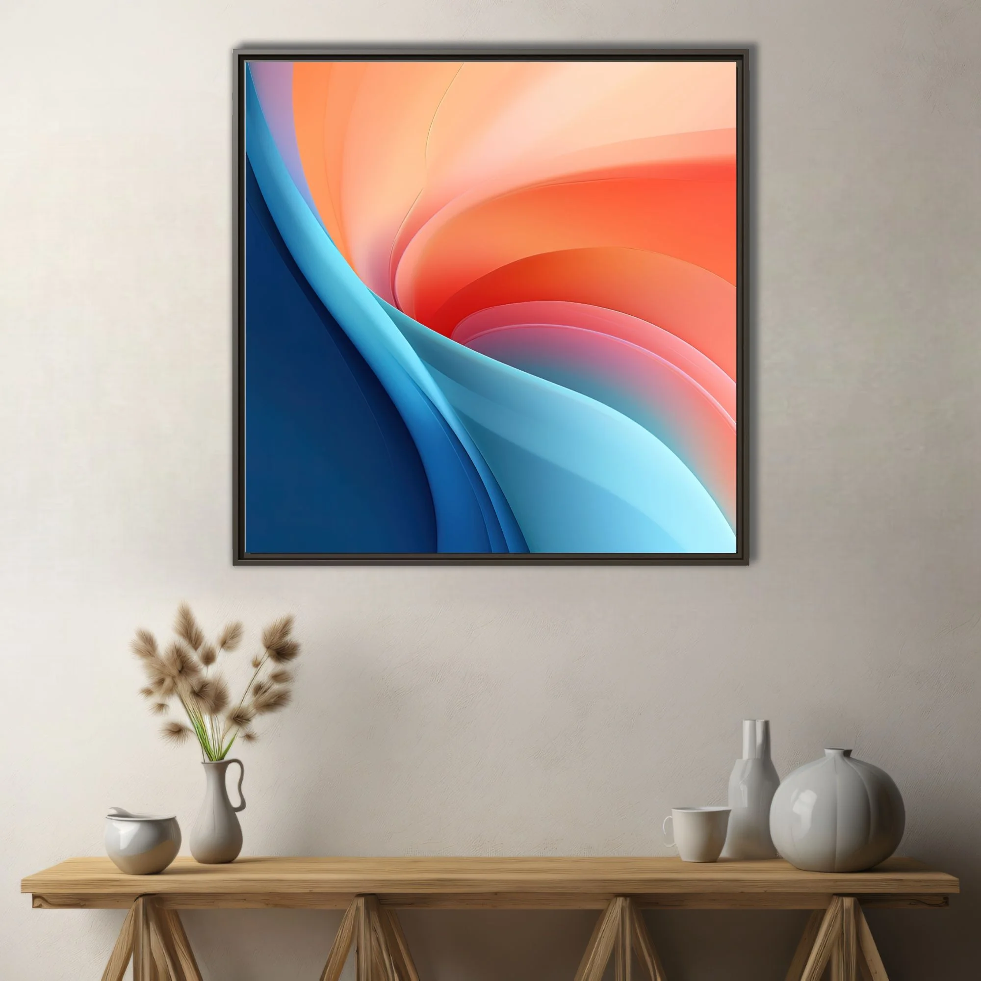Abstract swirling gradient art in coral orange and navy blue with fluid curves