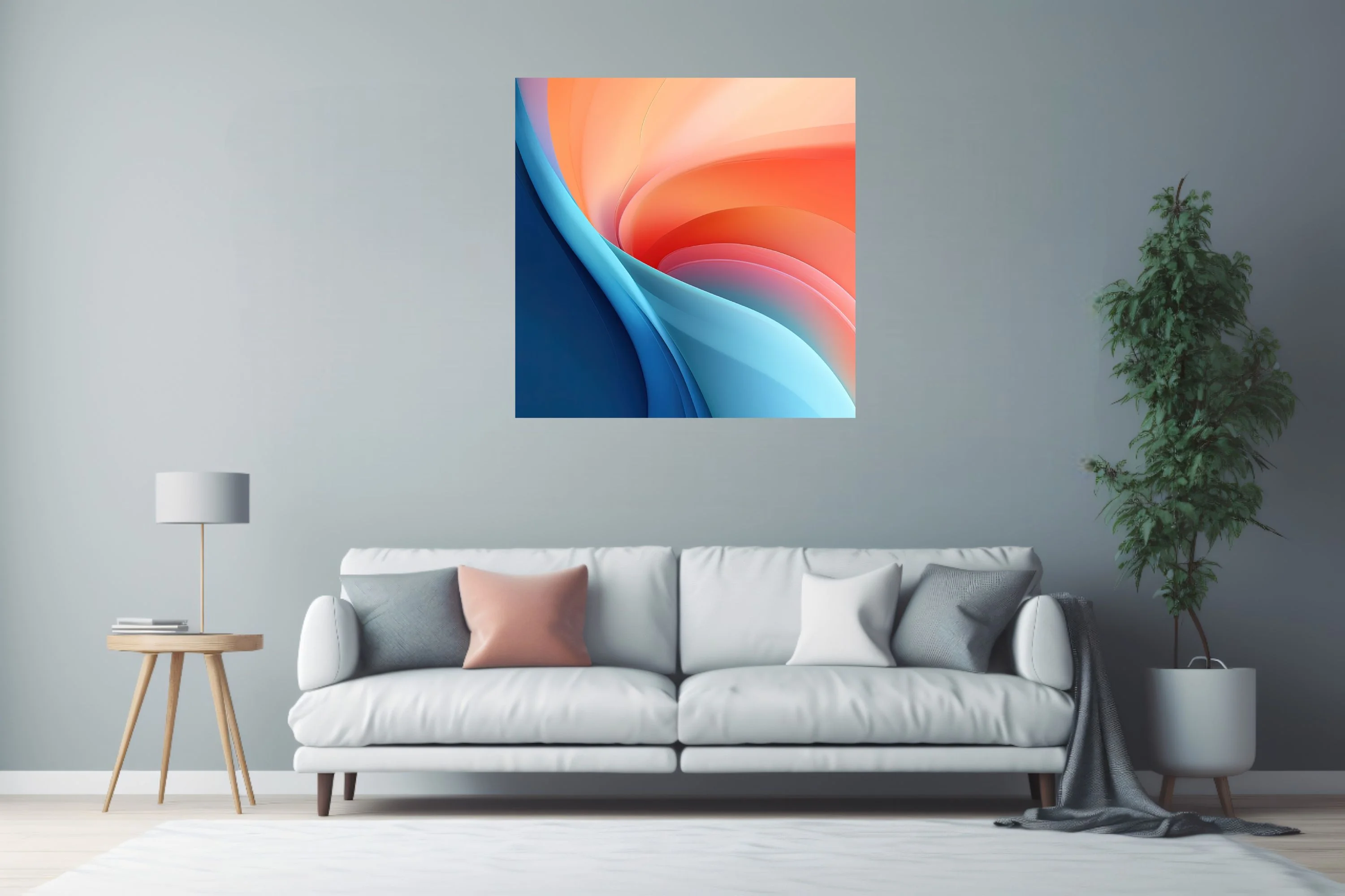 Abstract swirling gradient art in coral orange and navy blue with fluid curves