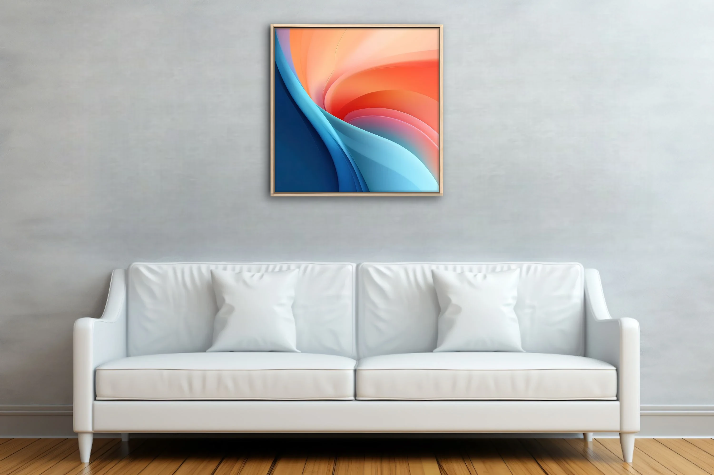Abstract swirling gradient art in coral orange and navy blue with fluid curves