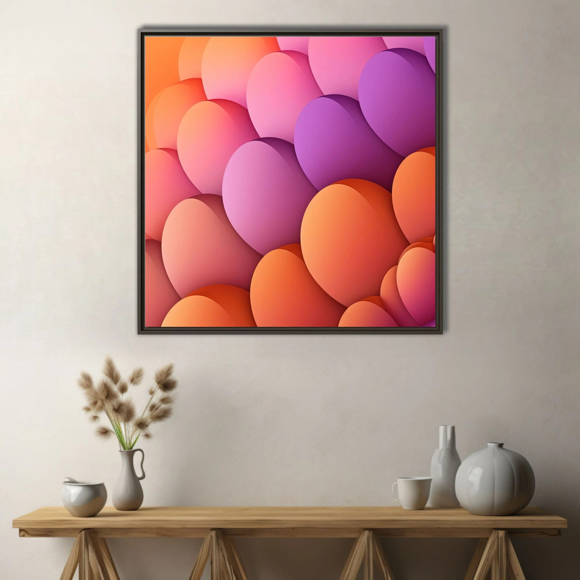 Abstract layered ovoid forms in warm orange coral pink and violet gradient