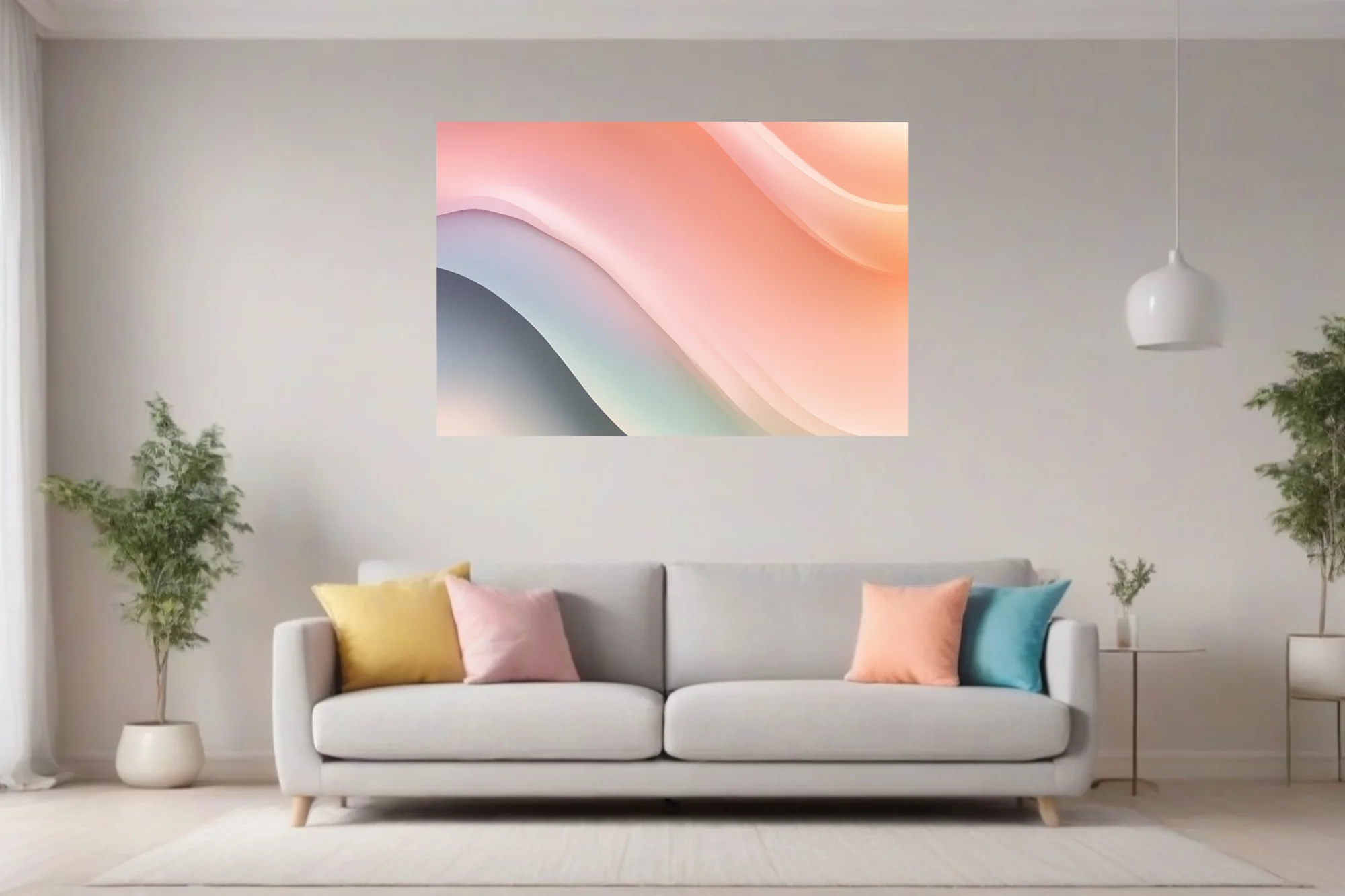 Minimalist abstract fluid waves in soft peach, blush, and slate pastel tones