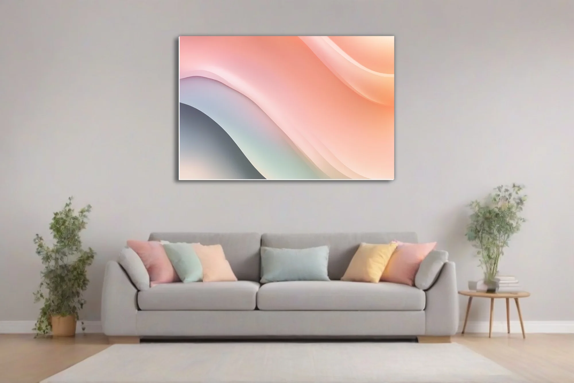 Minimalist abstract fluid waves in soft peach, blush, and slate pastel tones