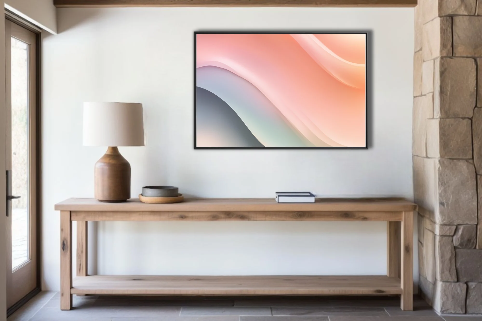 Minimalist abstract fluid waves in soft peach, blush, and slate pastel tones