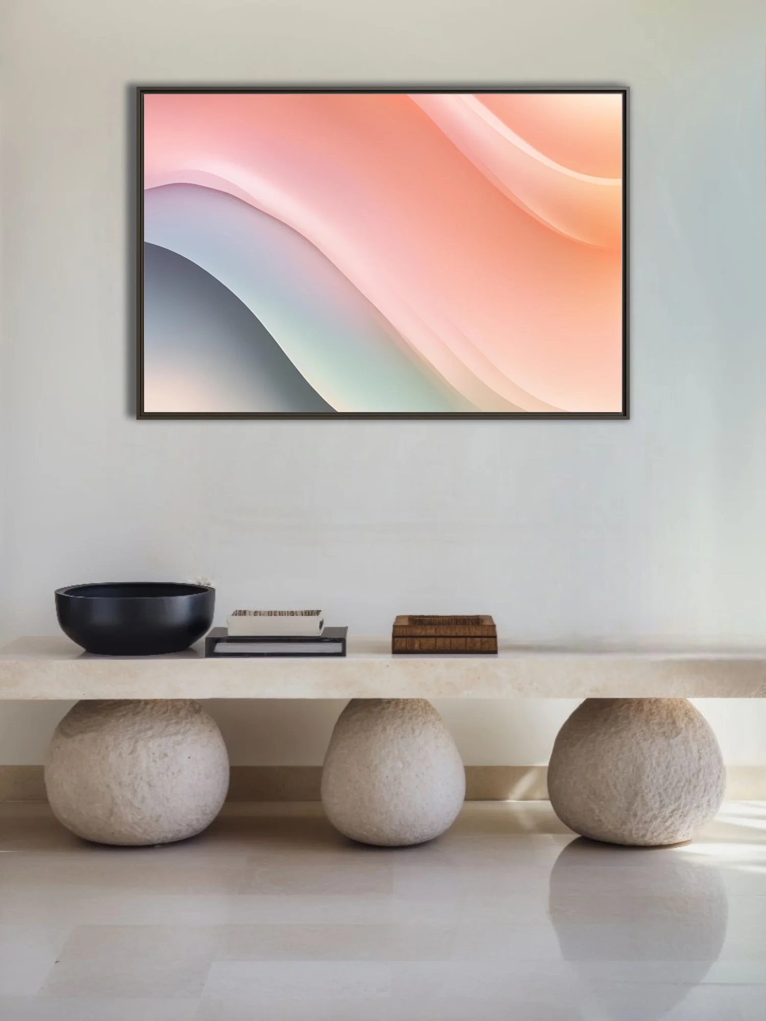 Minimalist abstract fluid waves in soft peach, blush, and slate pastel tones