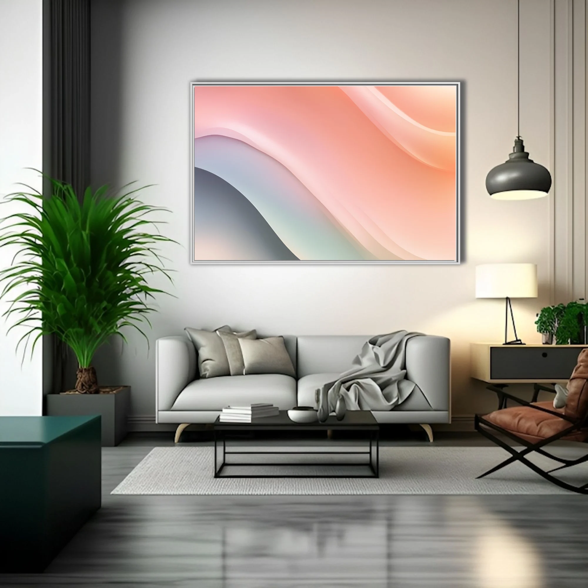 Minimalist abstract fluid waves in soft peach, blush, and slate pastel tones