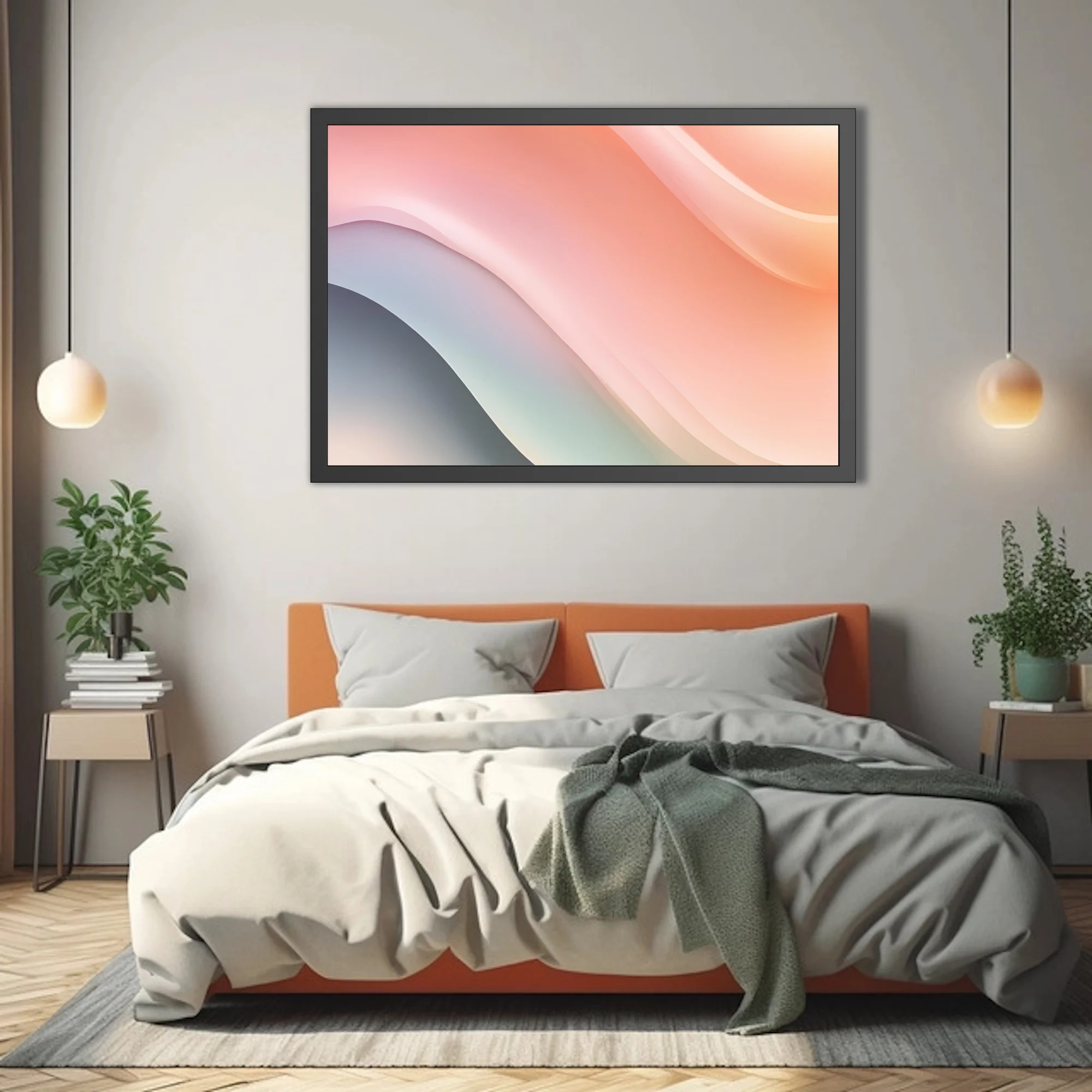 Minimalist abstract fluid waves in soft peach, blush, and slate pastel tones