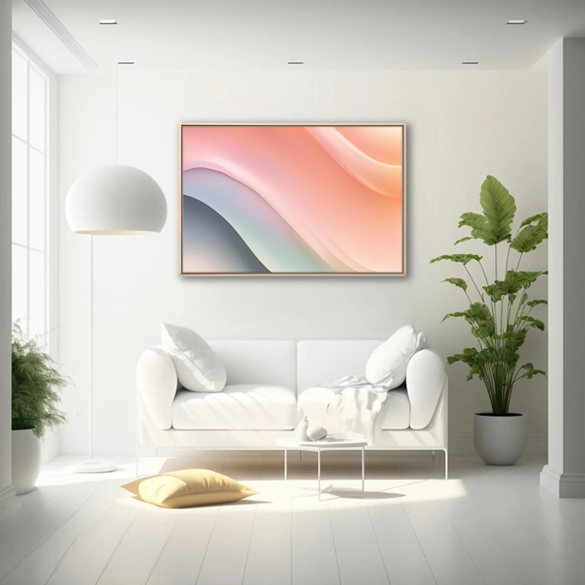 Minimalist abstract fluid waves in soft peach, blush, and slate pastel tones