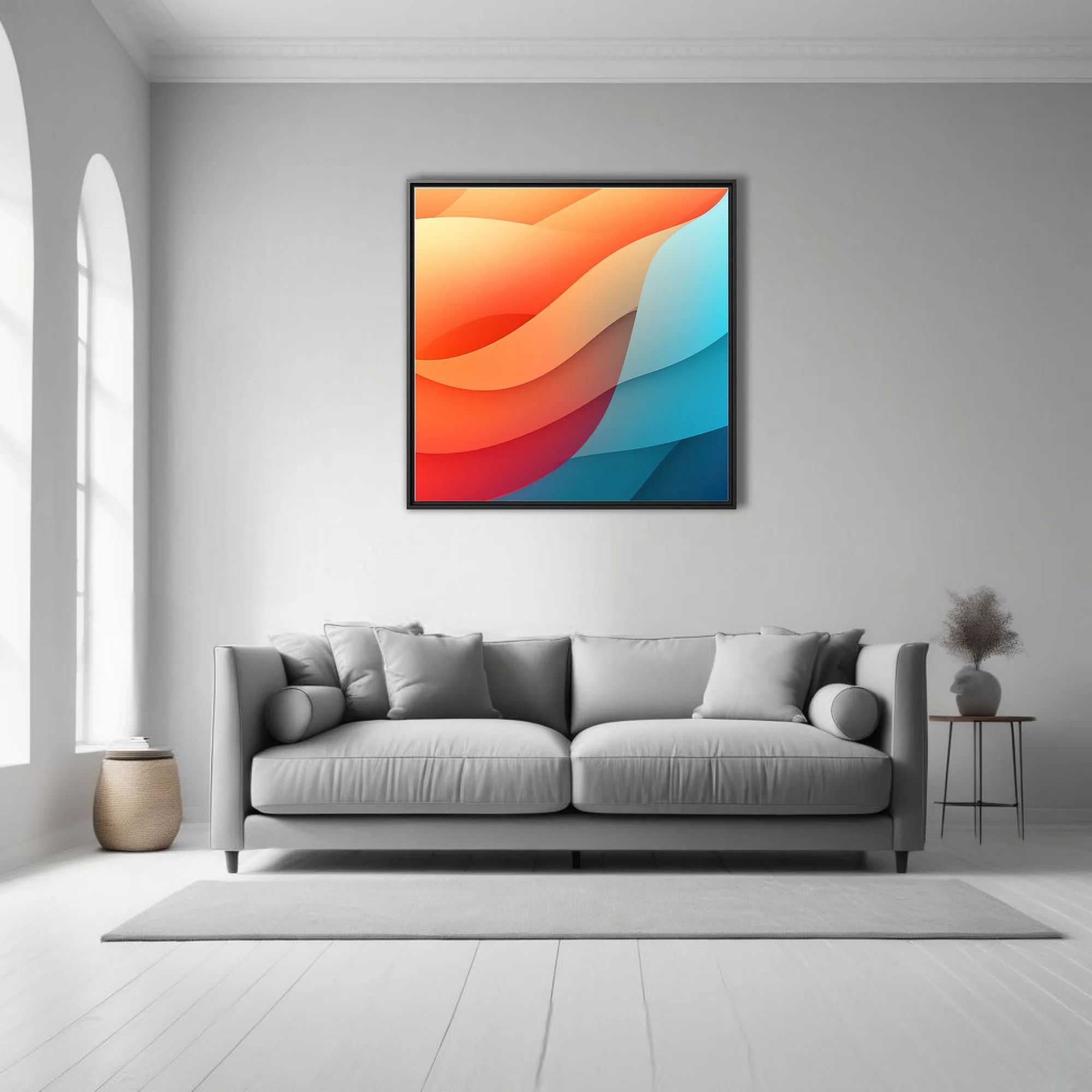 Abstract gradient wave art in coral orange and cyan blue fluid forms