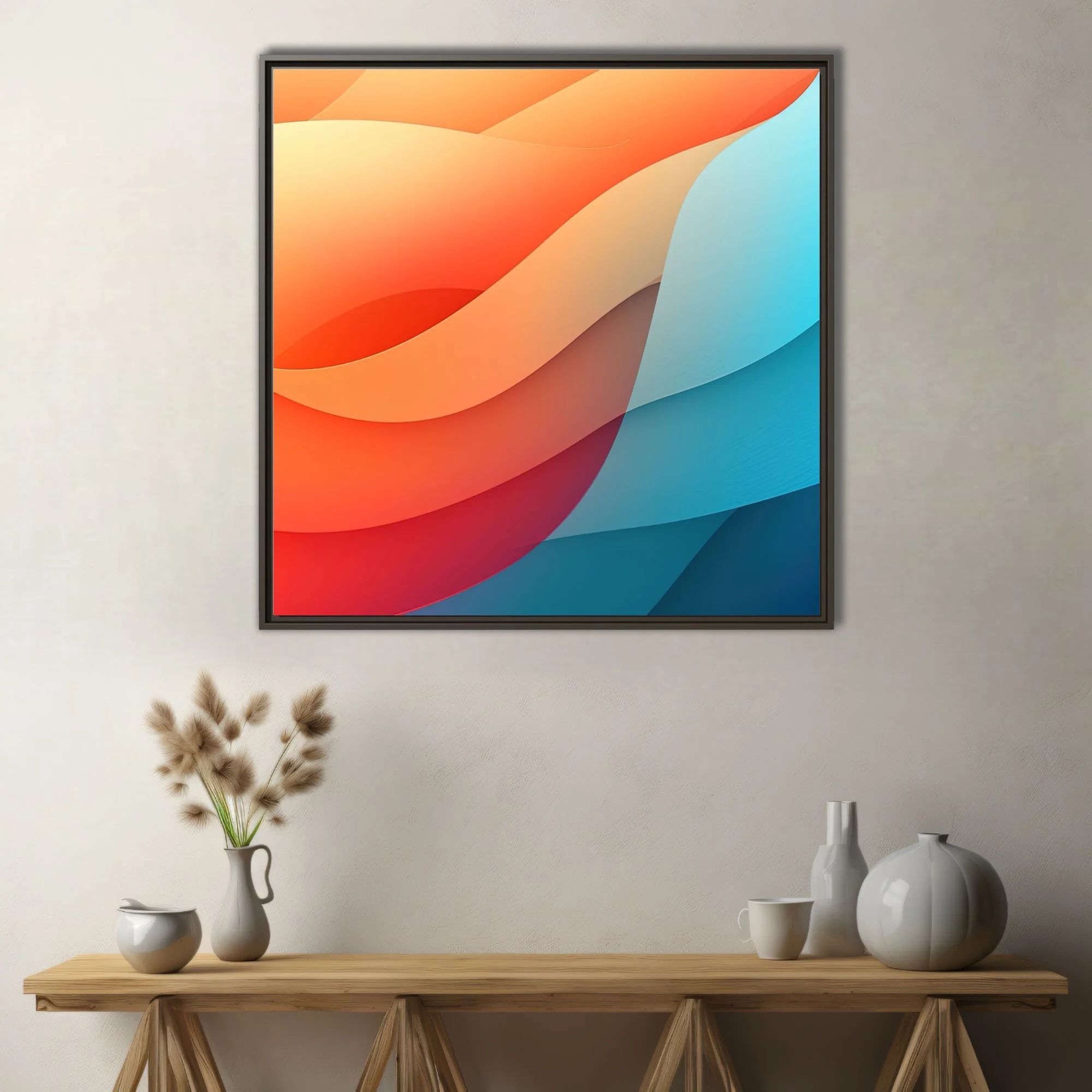 Abstract gradient wave art in coral orange and cyan blue fluid forms