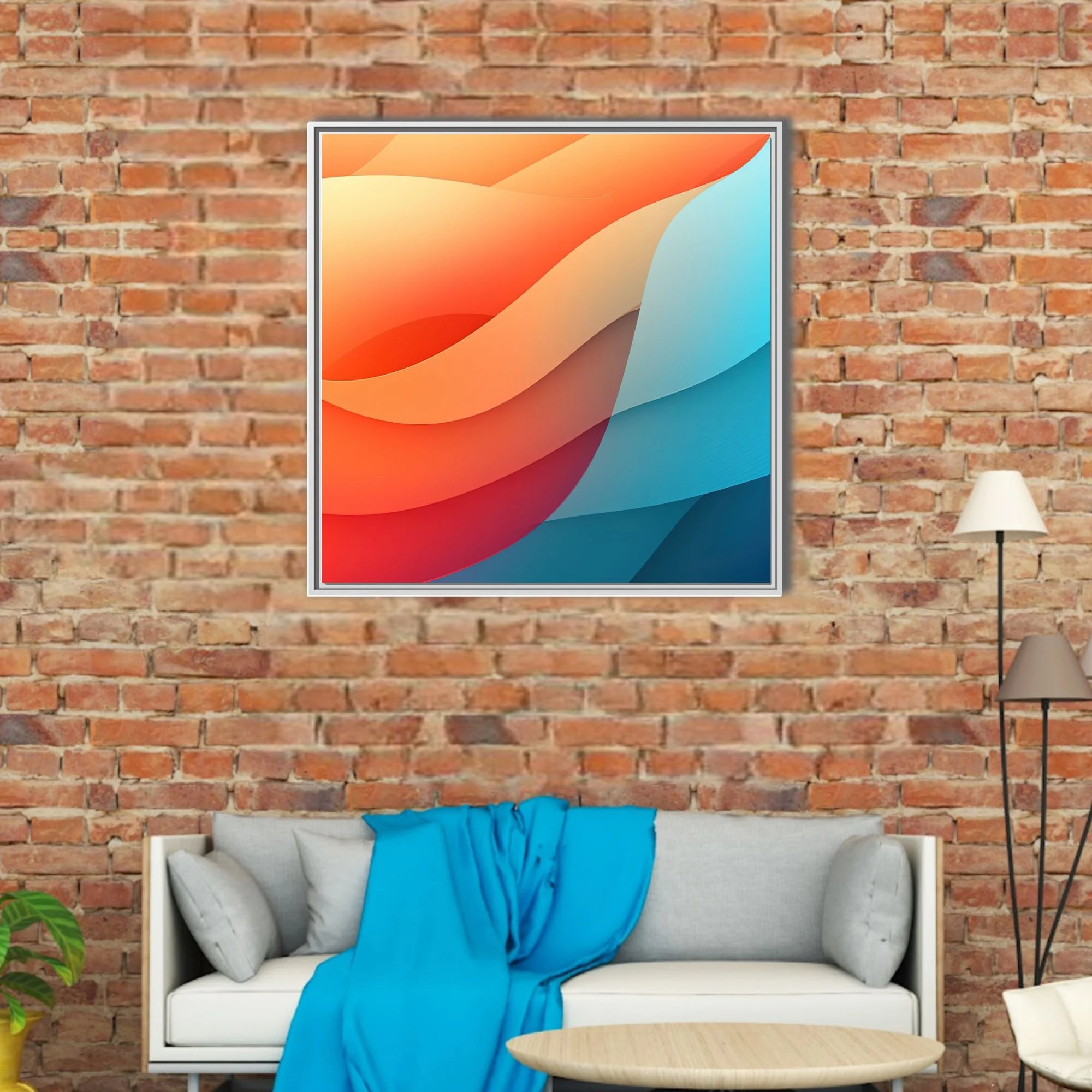 Abstract gradient wave art in coral orange and cyan blue fluid forms