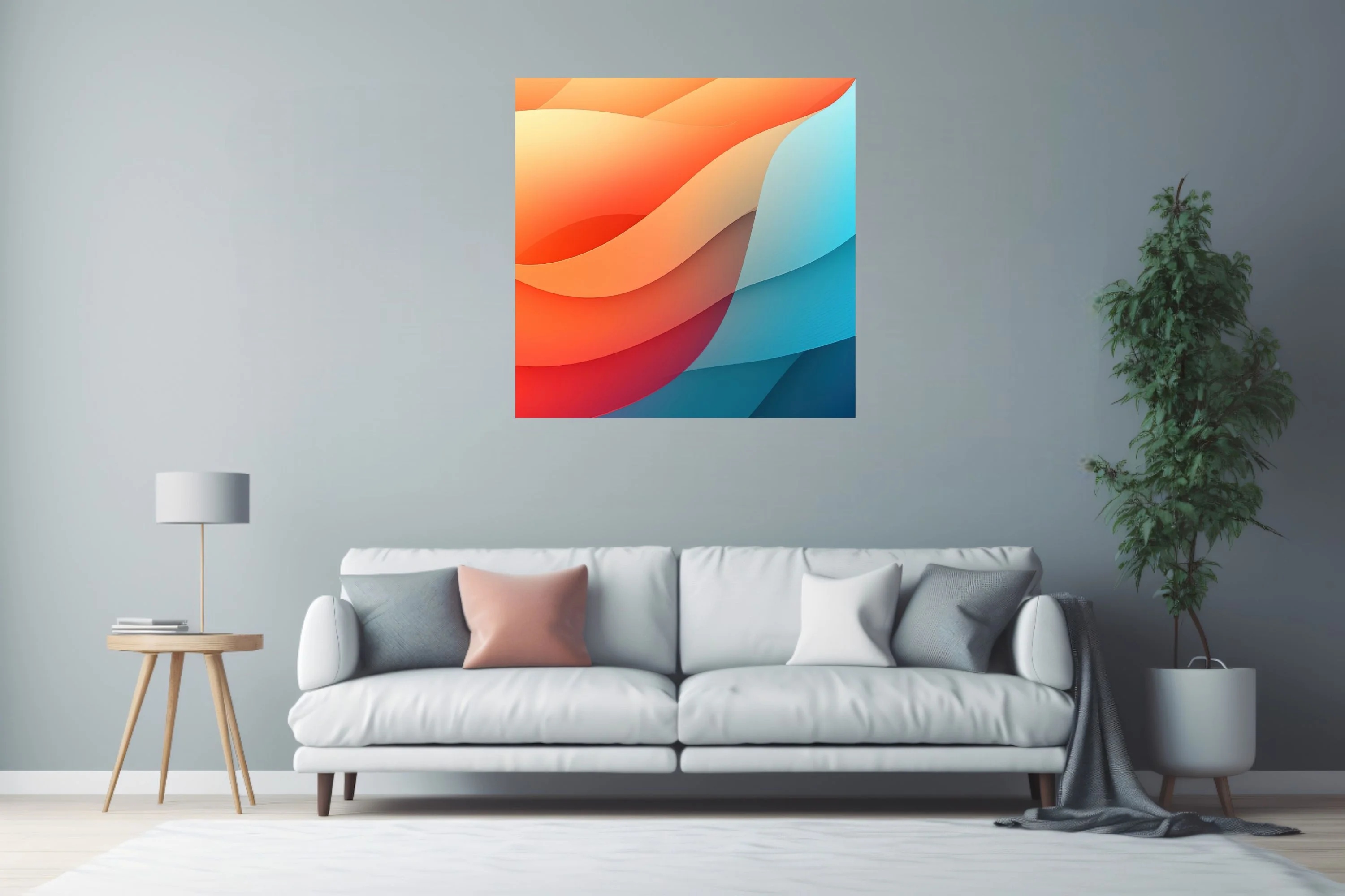 Abstract gradient wave art in coral orange and cyan blue fluid forms