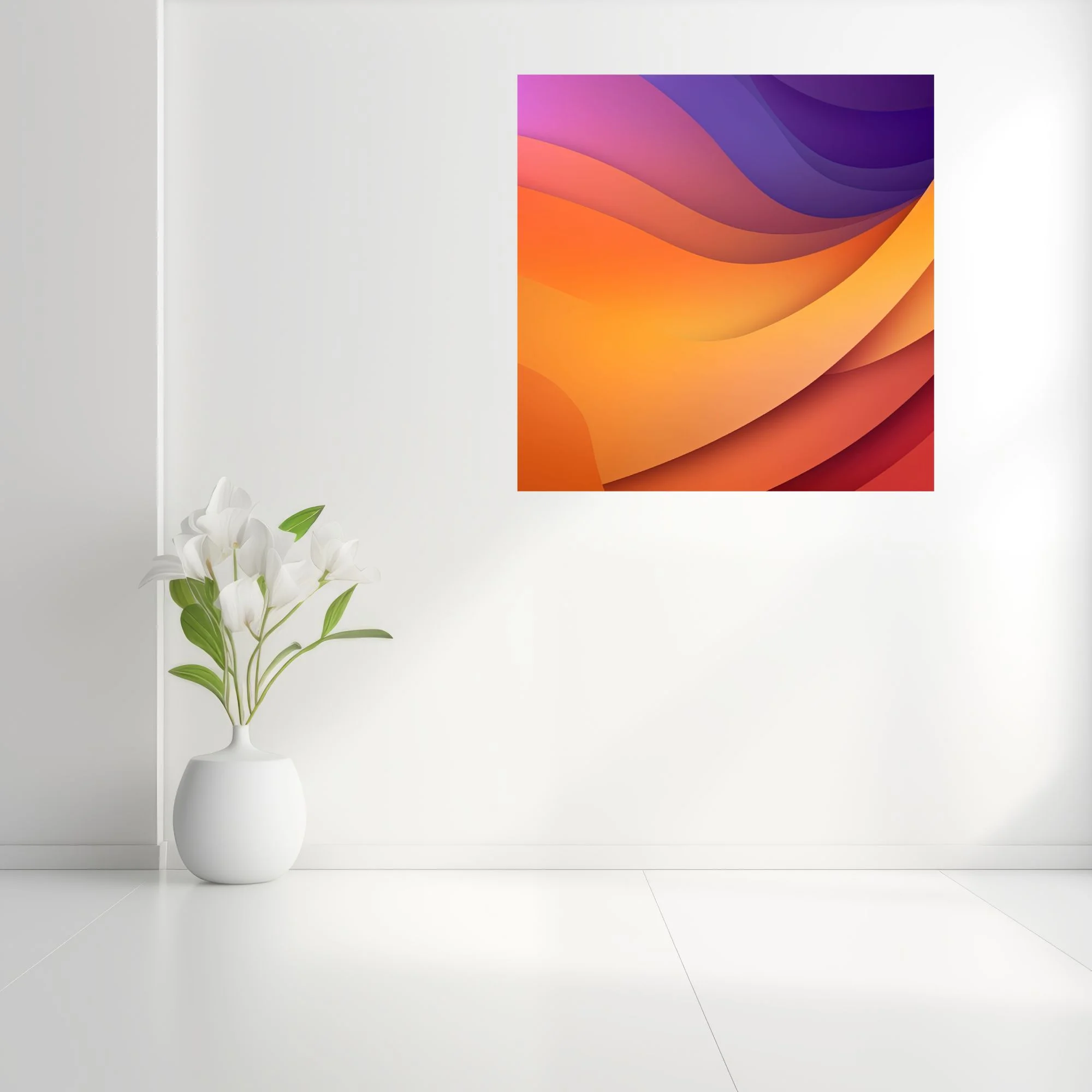 Abstract layered wave composition in amber, orange, magenta, and violet gradient tones