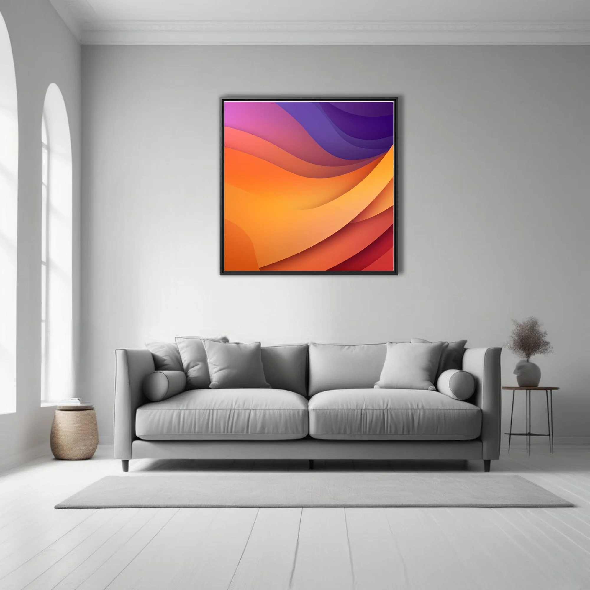 Abstract layered wave composition in amber, orange, magenta, and violet gradient tones