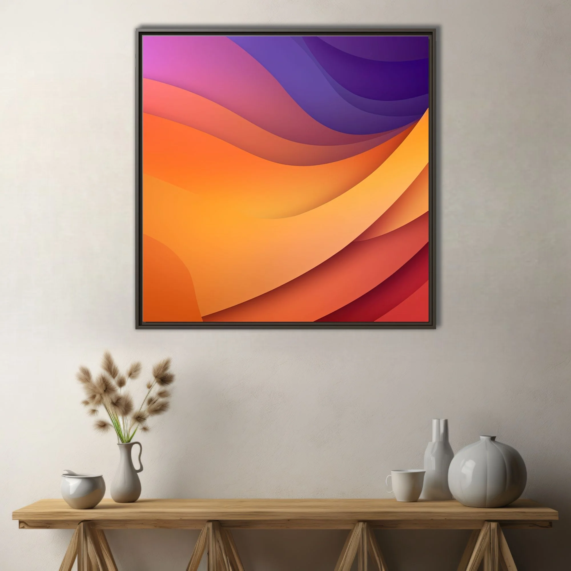Abstract layered wave composition in amber, orange, magenta, and violet gradient tones