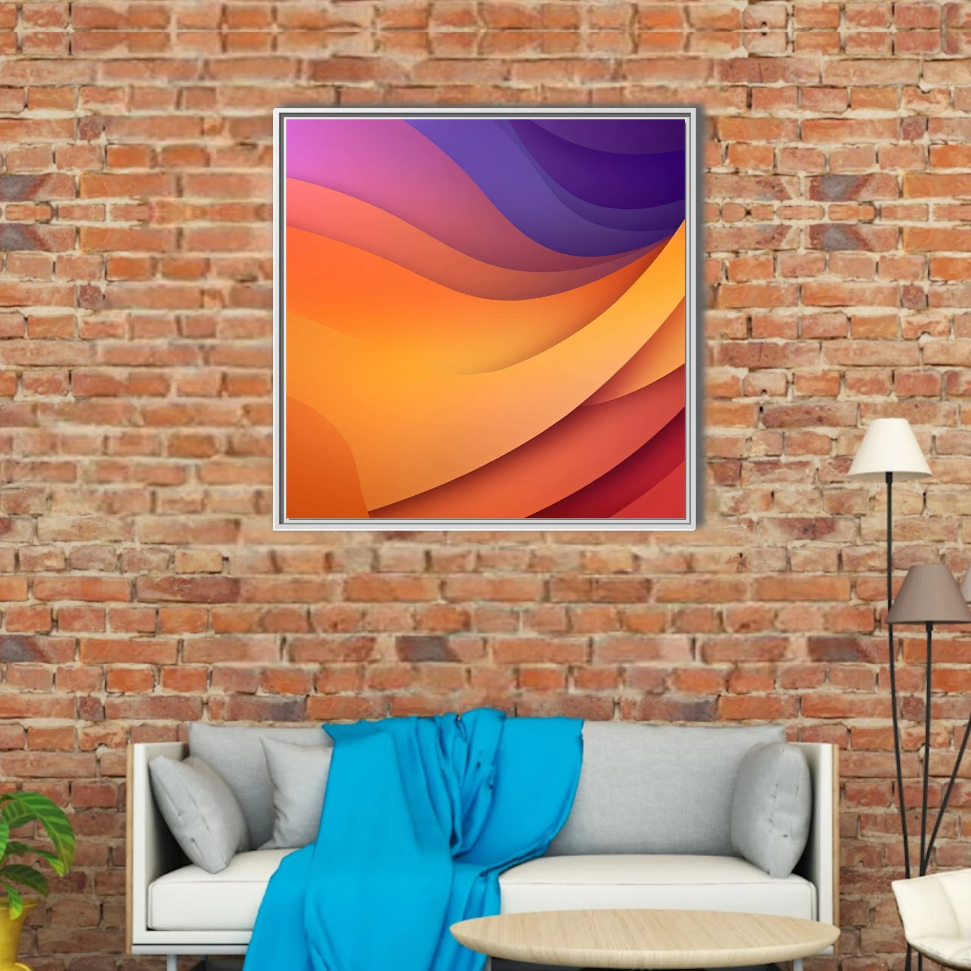 Abstract layered wave composition in amber, orange, magenta, and violet gradient tones