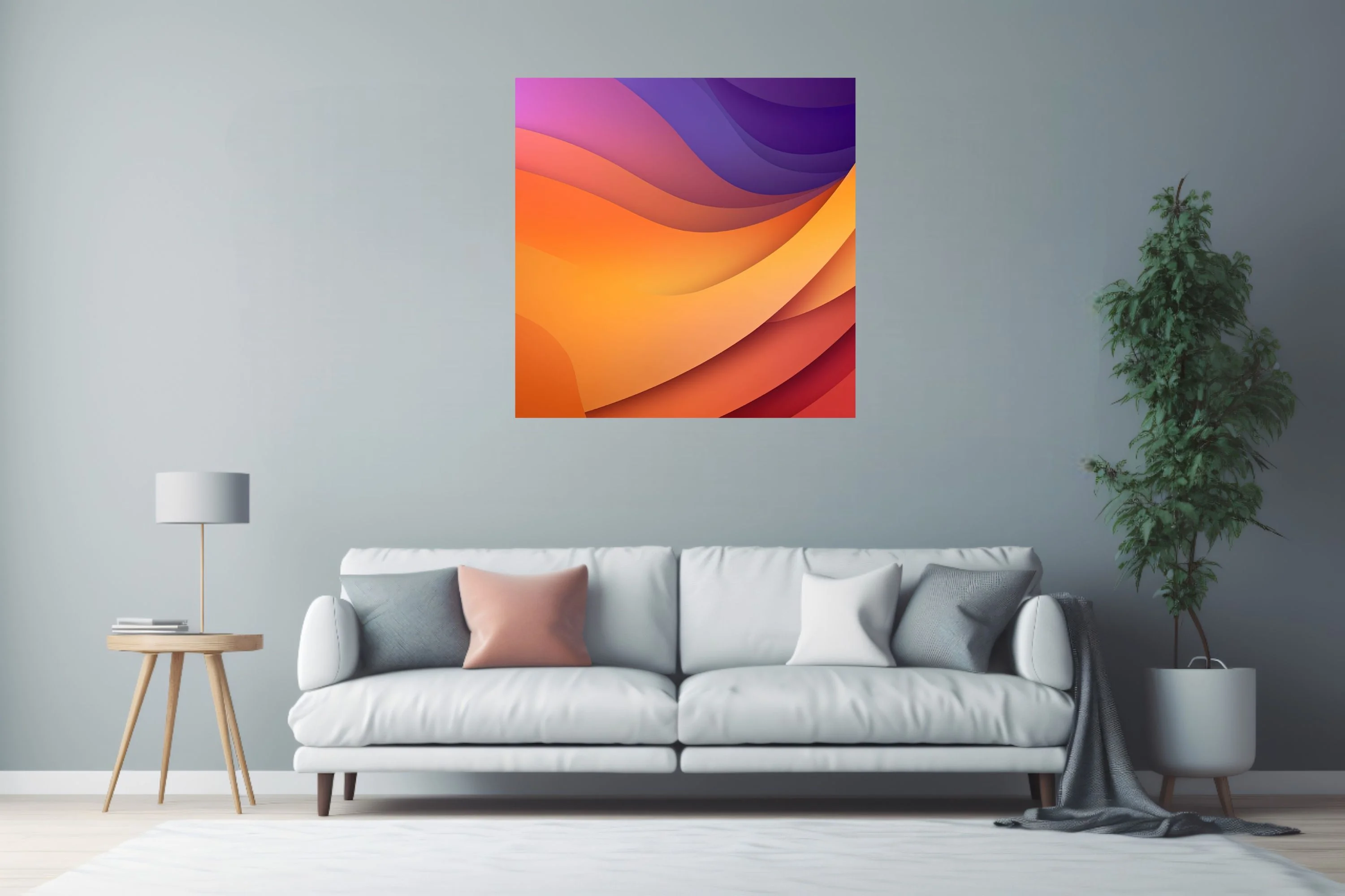 Abstract layered wave composition in amber, orange, magenta, and violet gradient tones