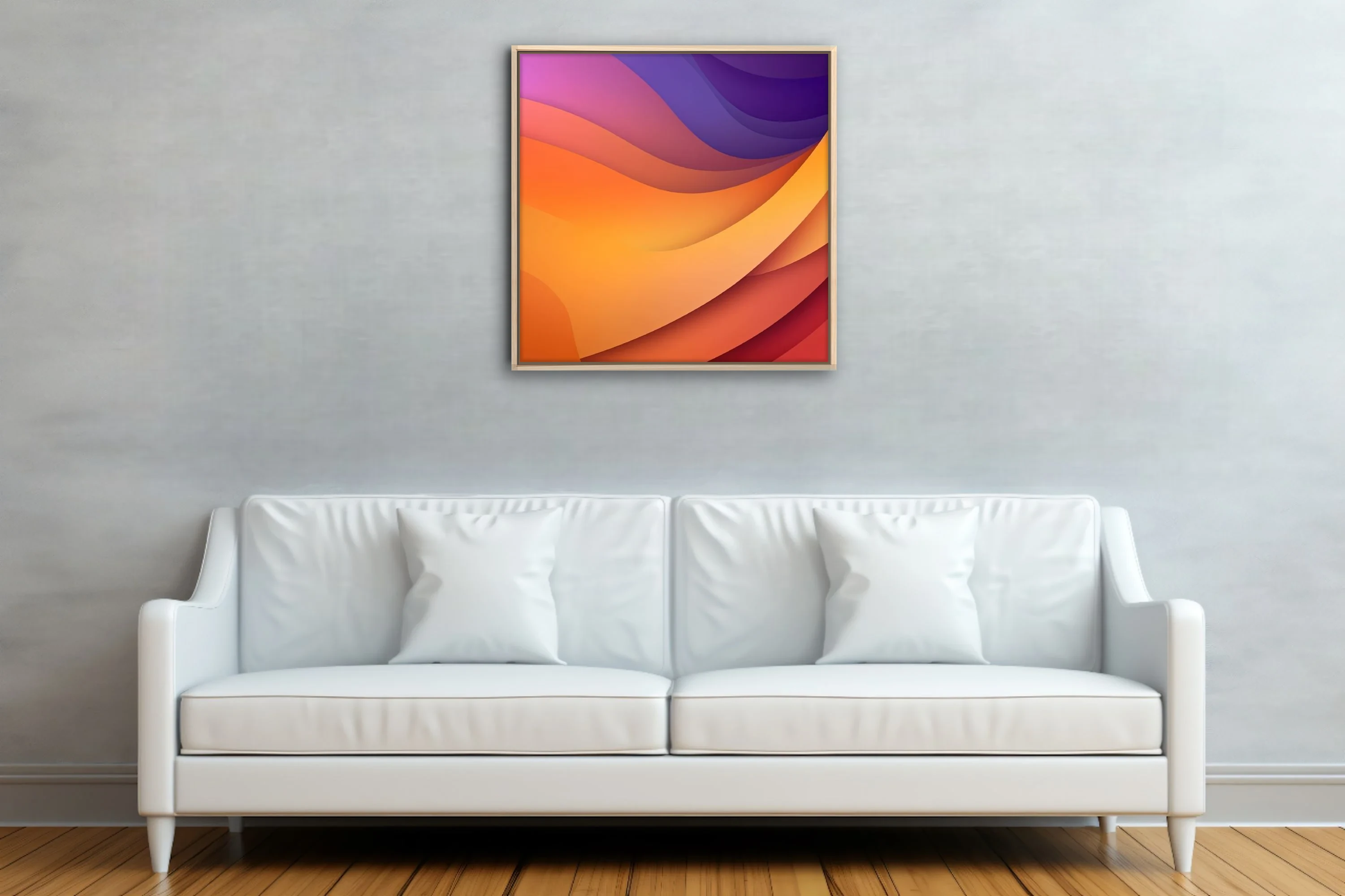 Abstract layered wave composition in amber, orange, magenta, and violet gradient tones
