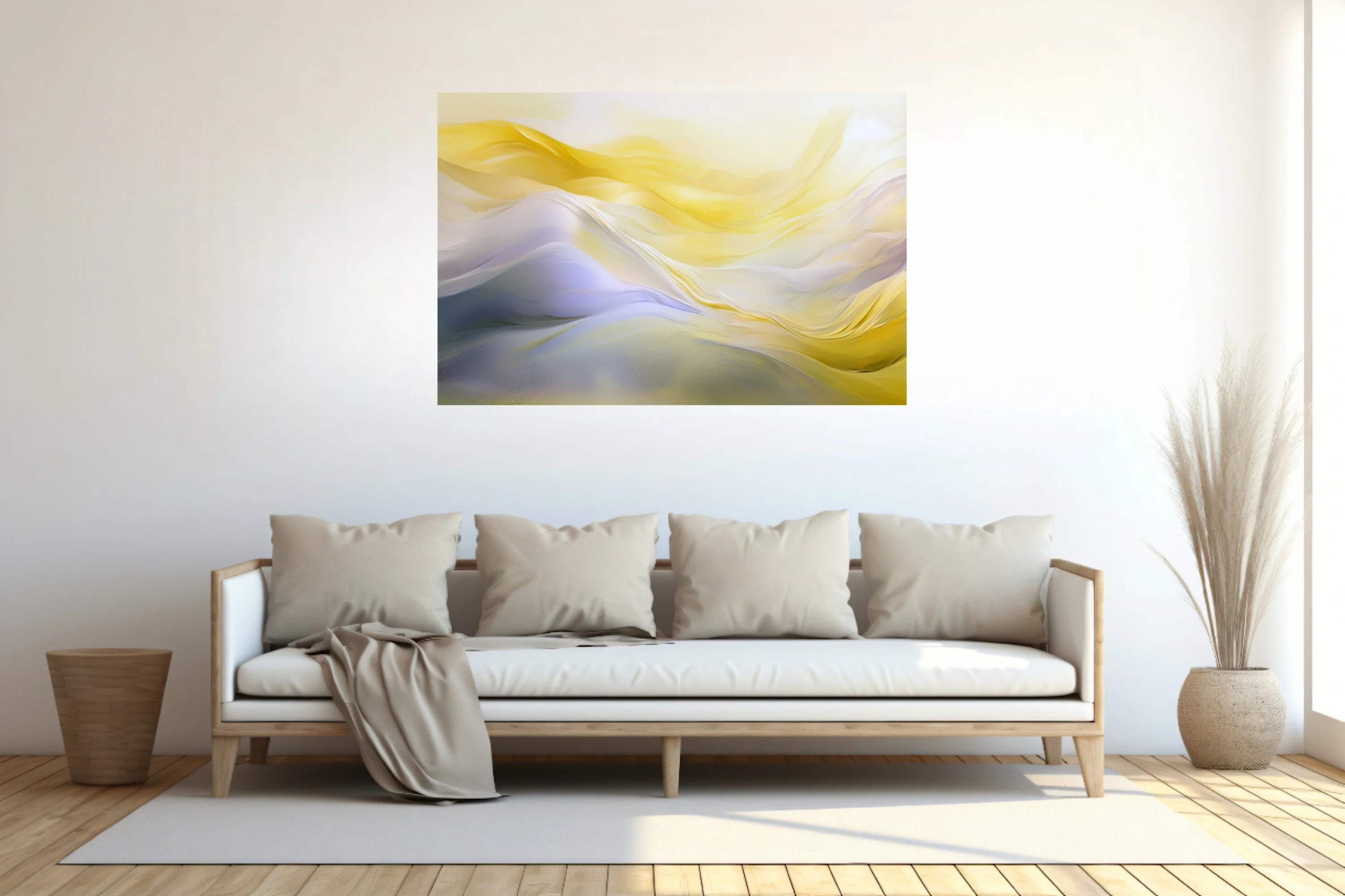 Abstract fluid art with gold and lavender flowing waves, soft luminous palette
