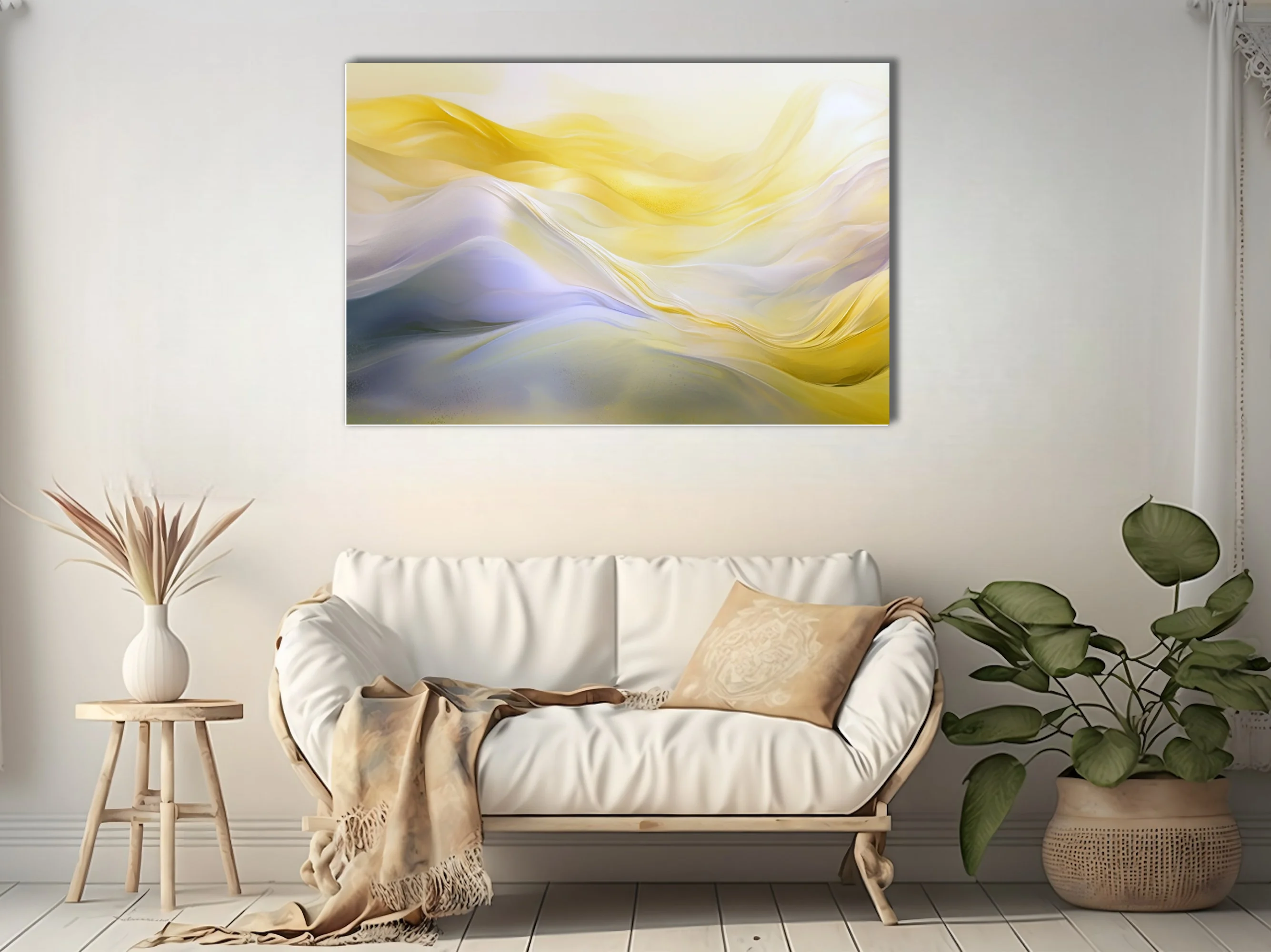 Abstract fluid art with gold and lavender flowing waves, soft luminous palette