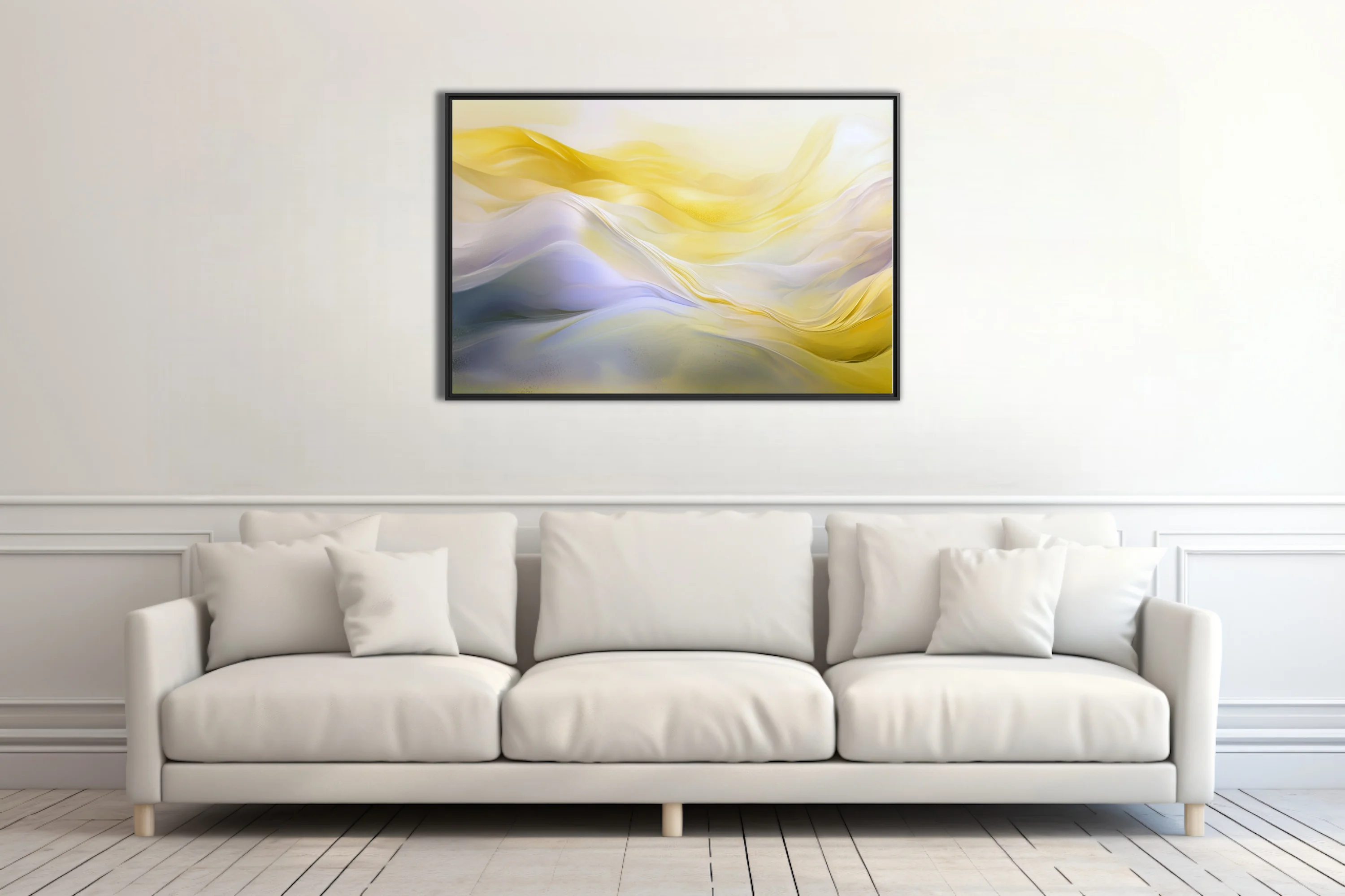 Abstract fluid art with gold and lavender flowing waves, soft luminous palette