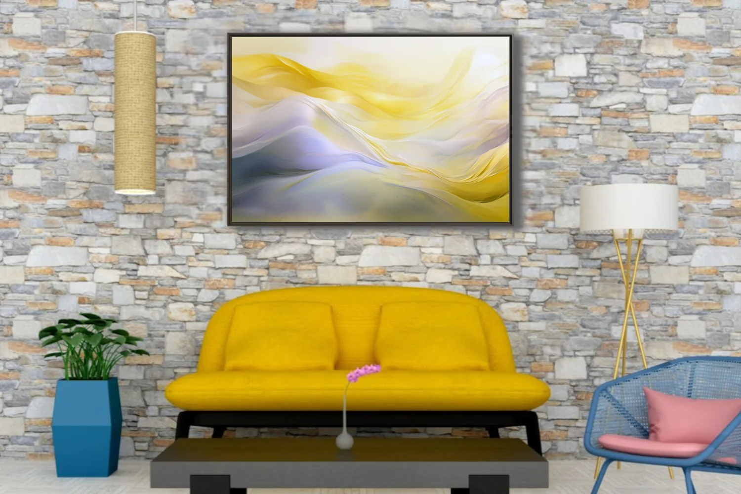 Abstract fluid art with gold and lavender flowing waves, soft luminous palette