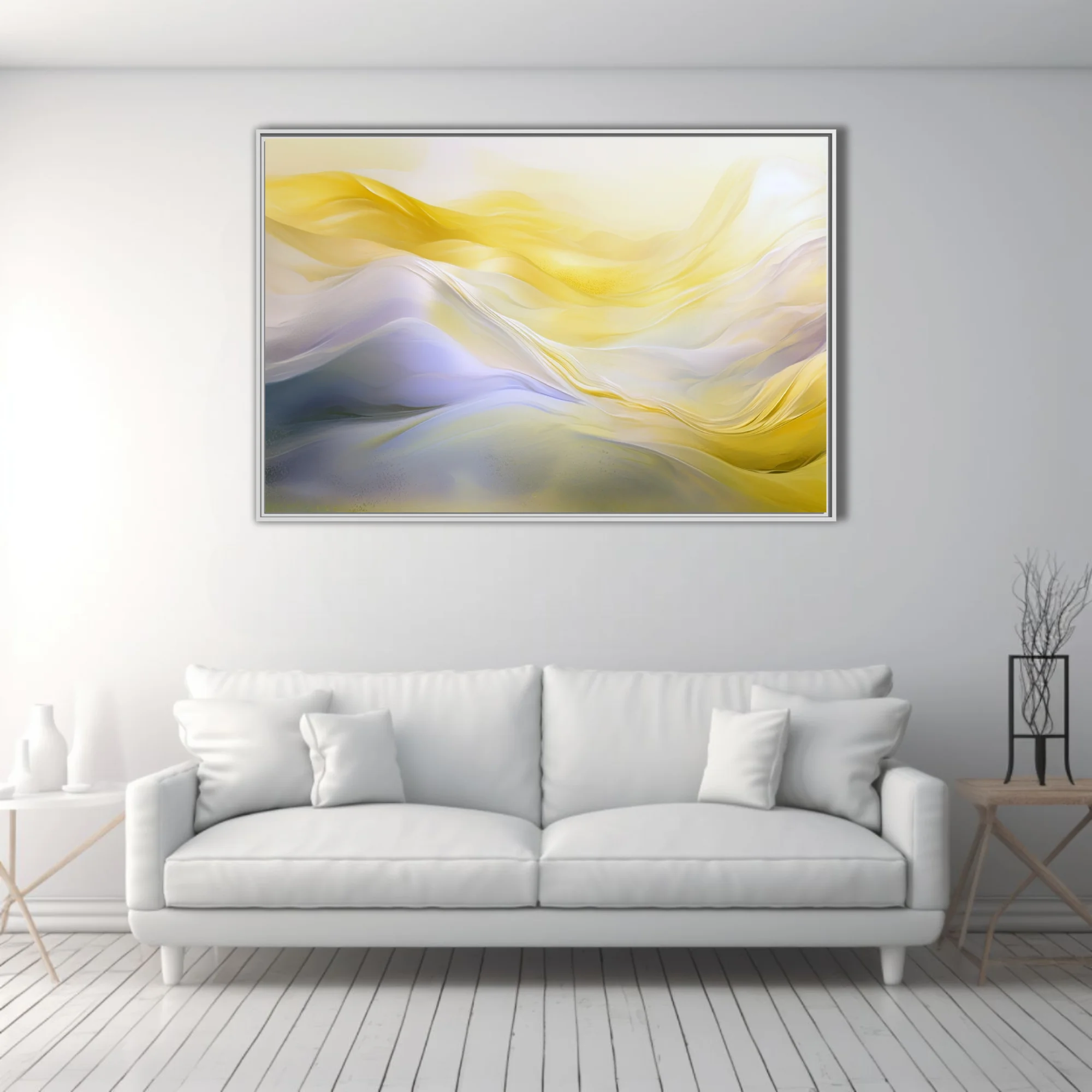 Abstract fluid art with gold and lavender flowing waves, soft luminous palette
