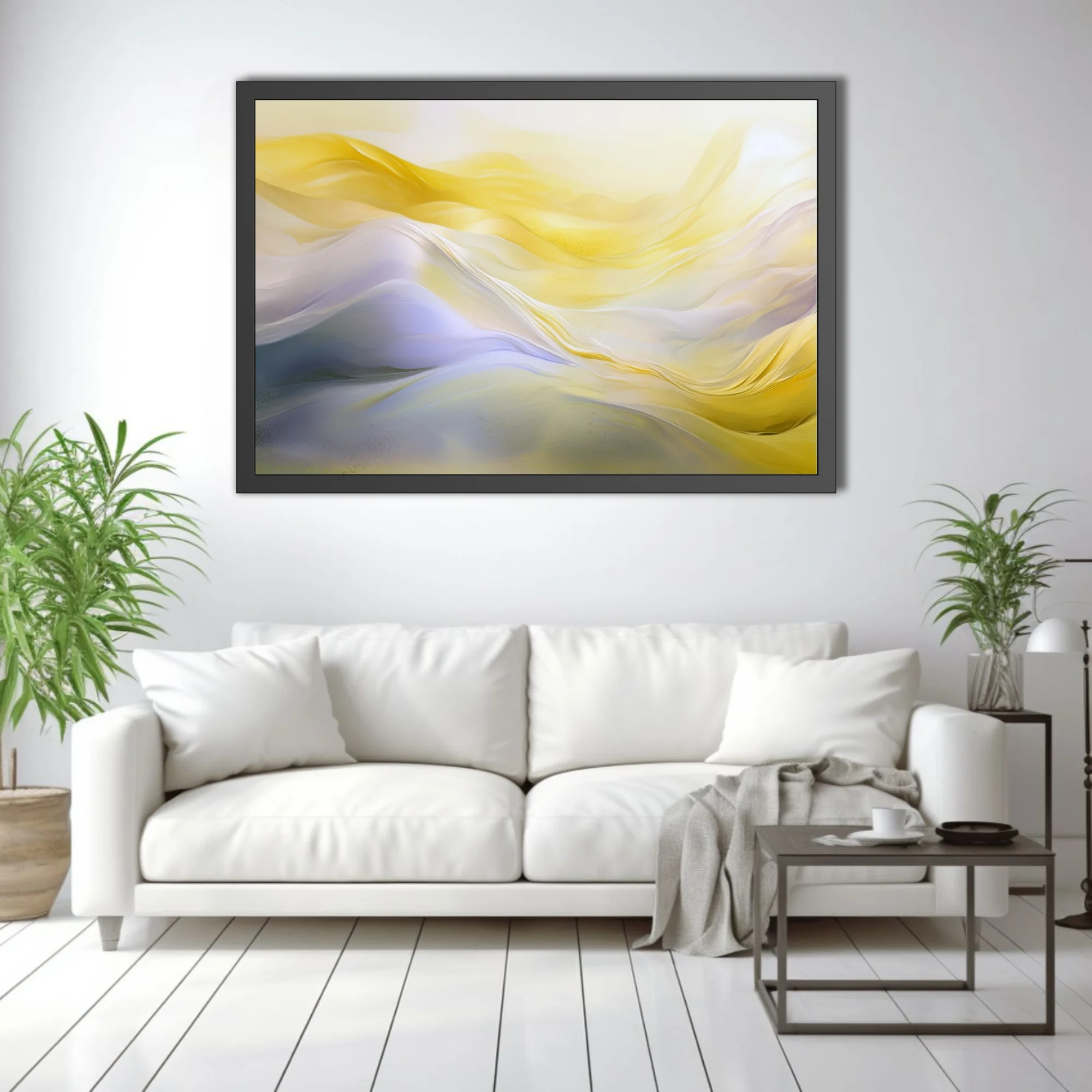 Abstract fluid art with gold and lavender flowing waves, soft luminous palette