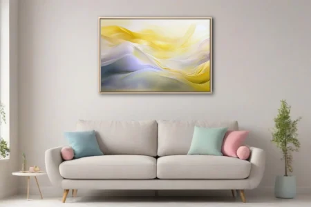Abstract fluid art with gold and lavender flowing waves, soft luminous palette