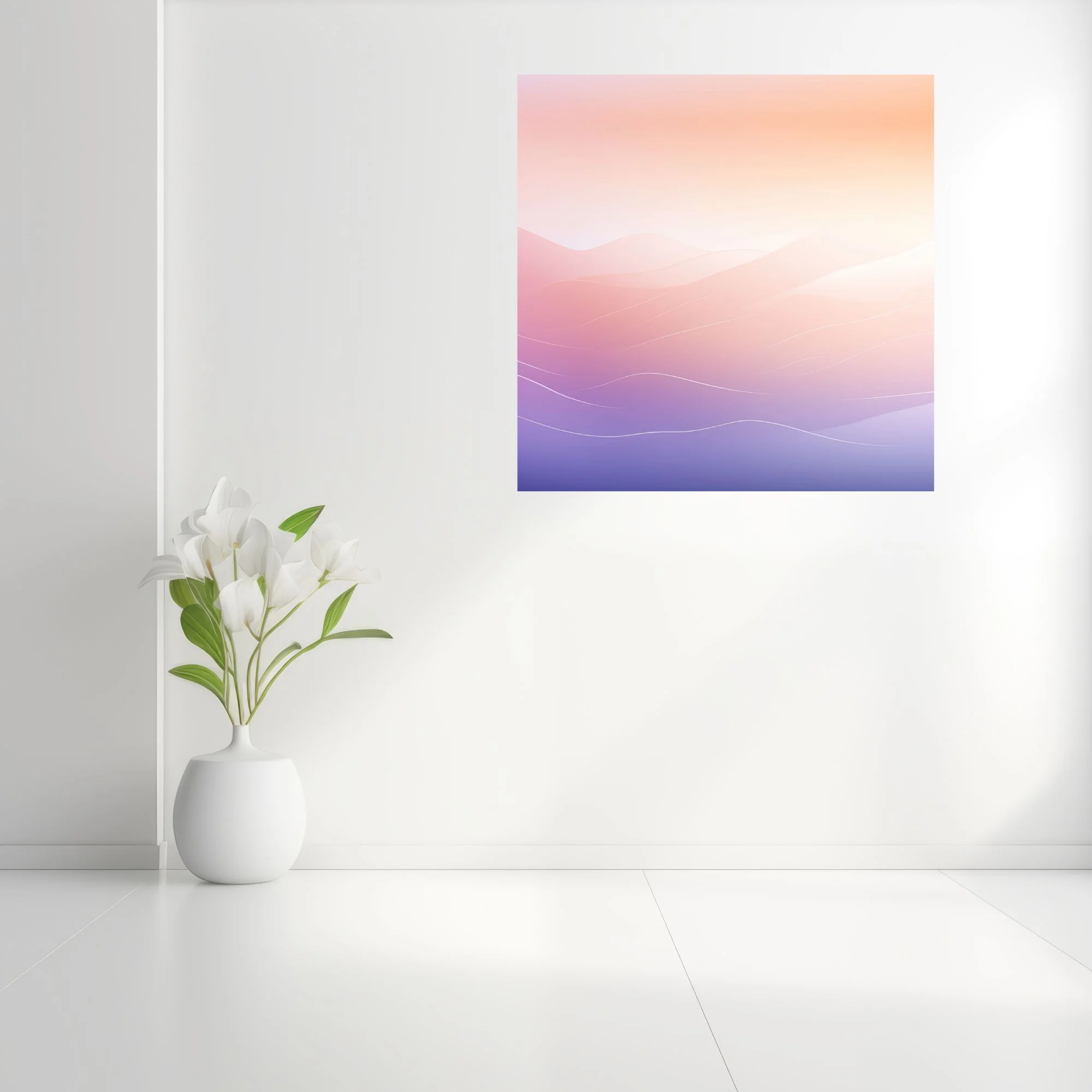 Minimalist pastel gradient wave landscape, peach to lavender tones, soft luminous glow