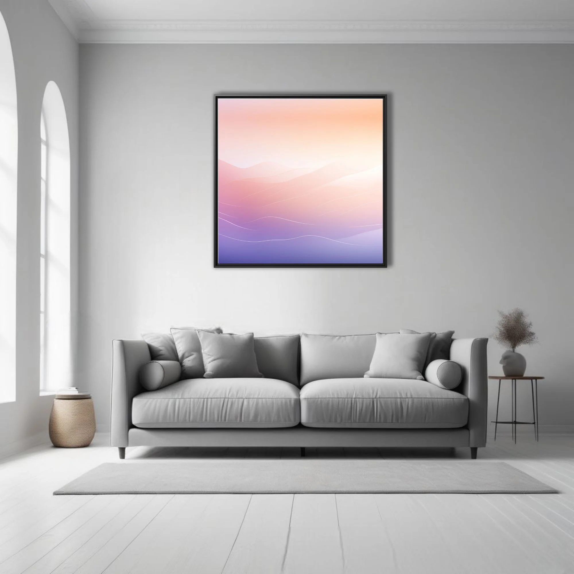 Minimalist pastel gradient wave landscape, peach to lavender tones, soft luminous glow