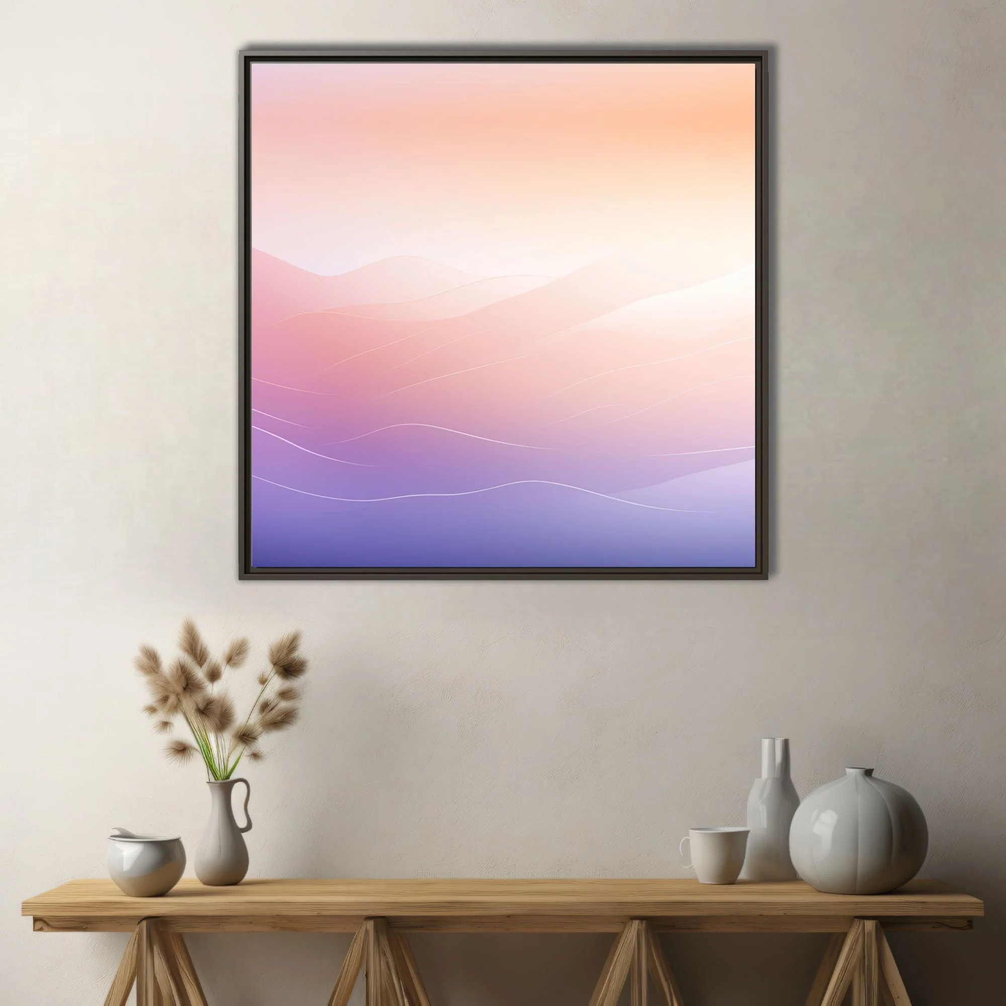 Minimalist pastel gradient wave landscape, peach to lavender tones, soft luminous glow