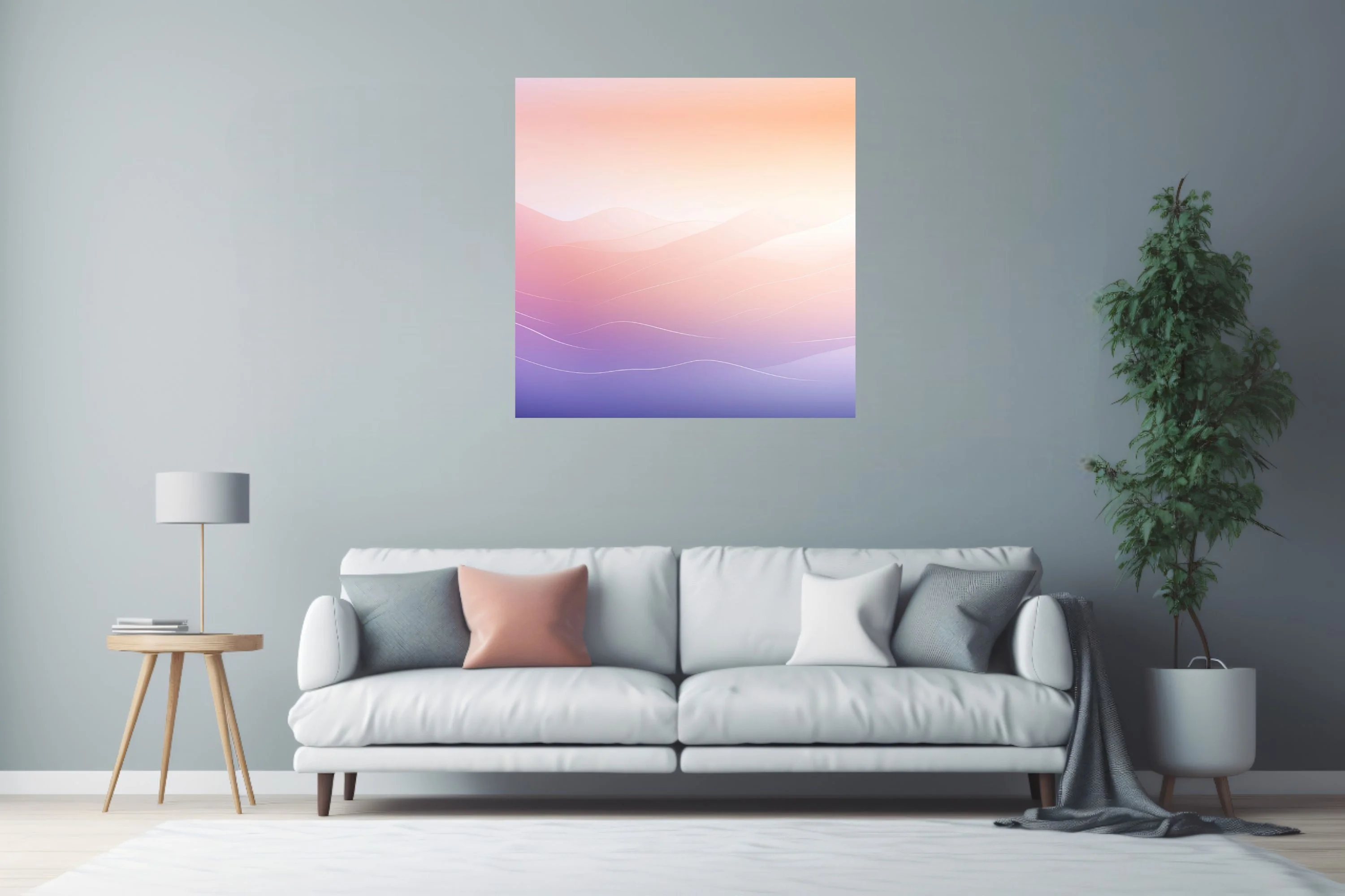 Minimalist pastel gradient wave landscape, peach to lavender tones, soft luminous glow