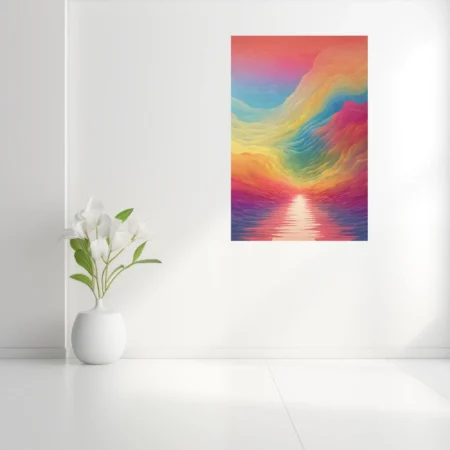 Abstract rainbow wave landscape with layered fluid gradients and glowing horizon