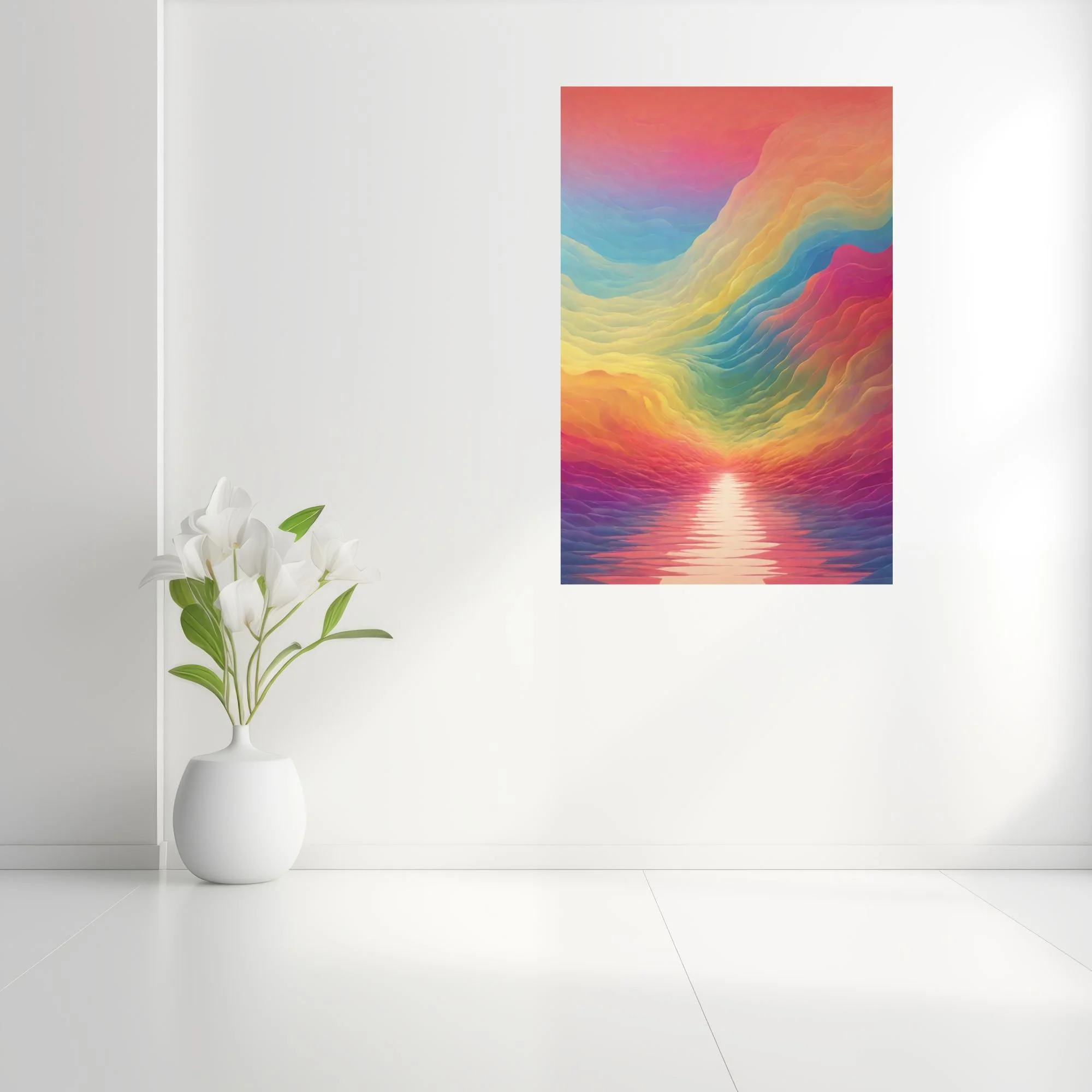 Abstract rainbow wave landscape with layered fluid gradients and glowing horizon