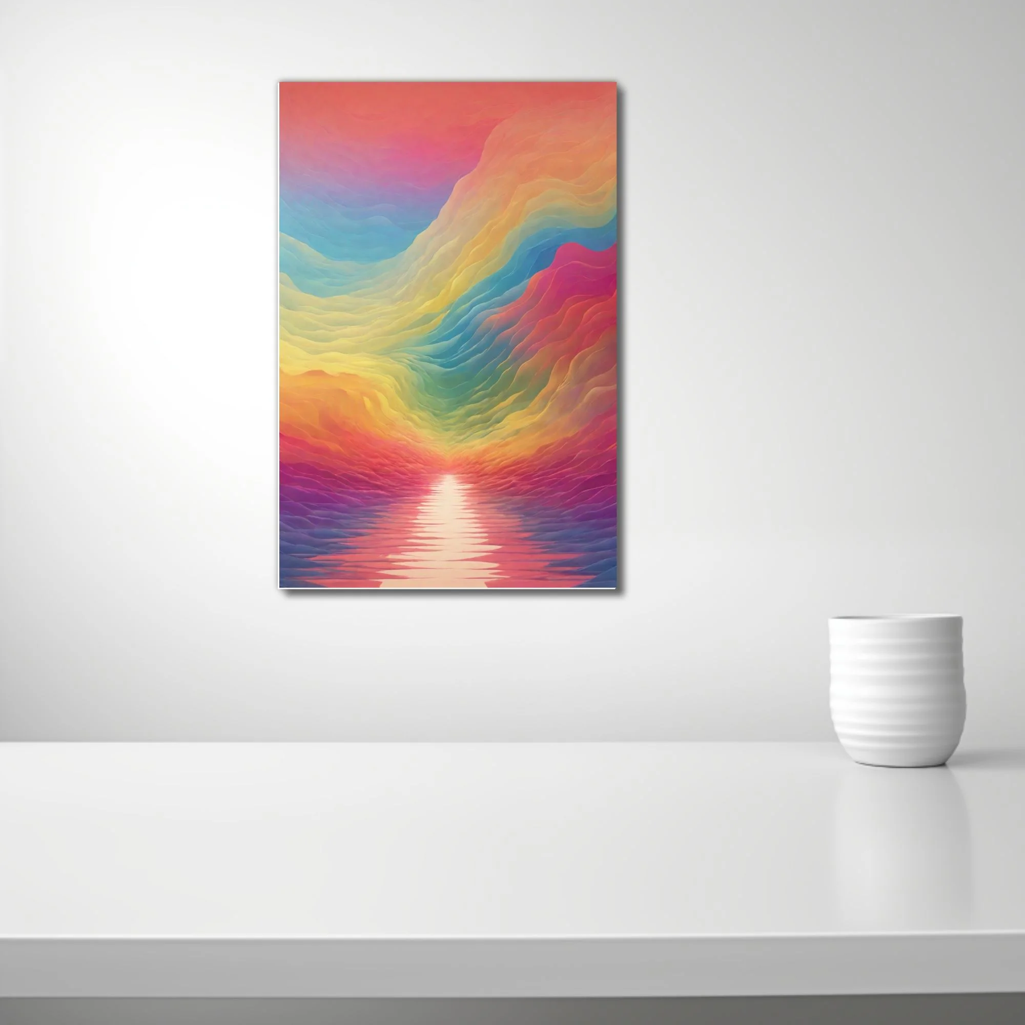 Abstract rainbow wave landscape with layered fluid gradients and glowing horizon