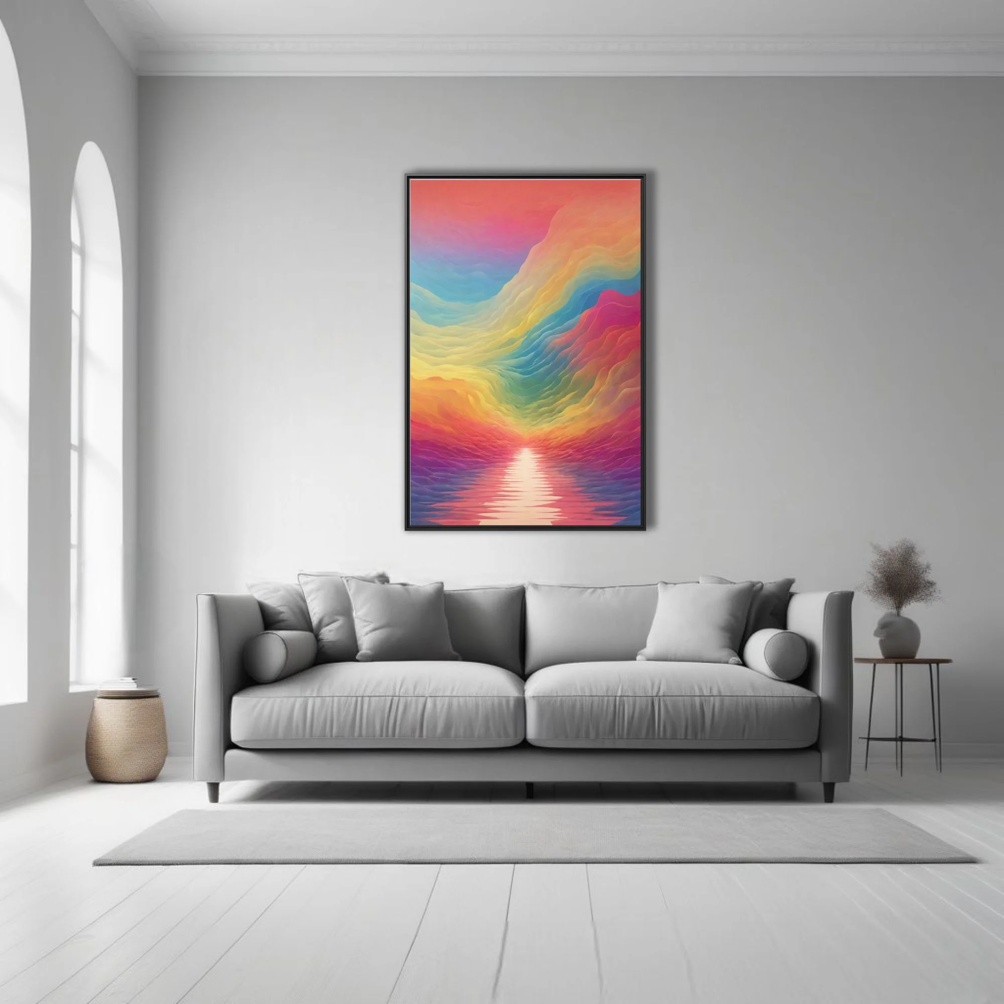 Abstract rainbow wave landscape with layered fluid gradients and glowing horizon
