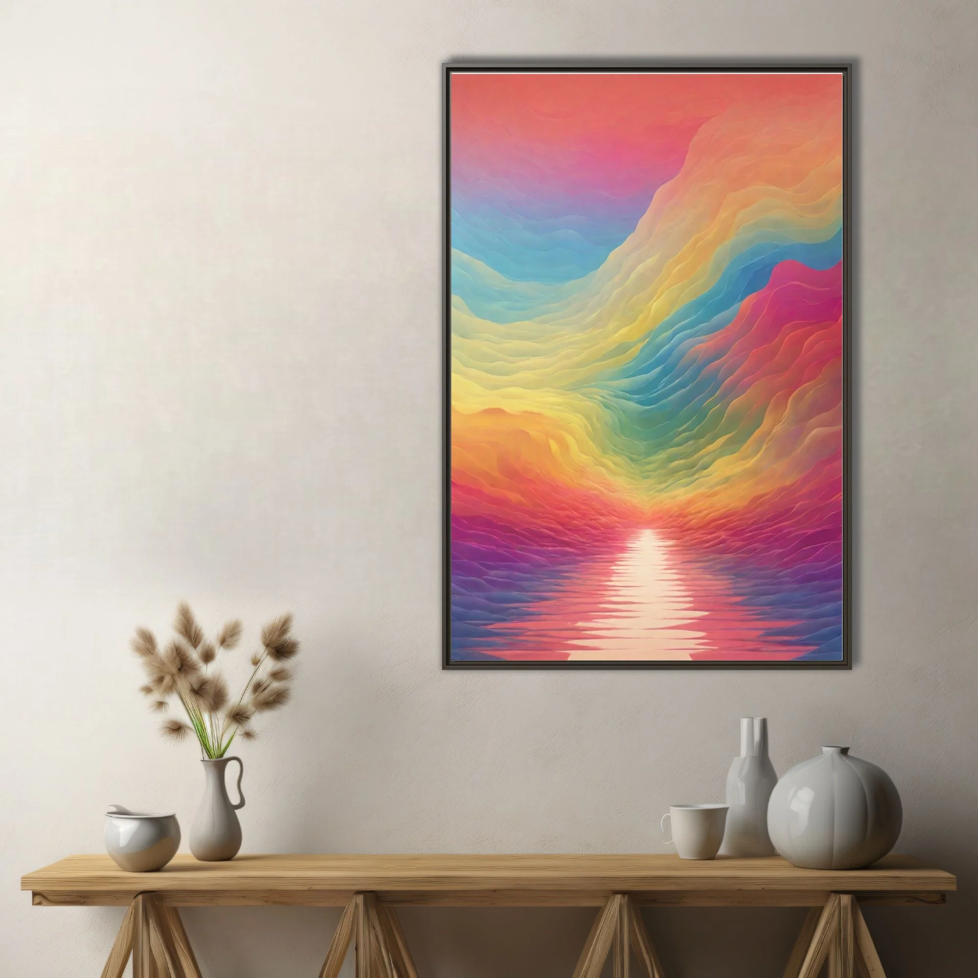 Abstract rainbow wave landscape with layered fluid gradients and glowing horizon