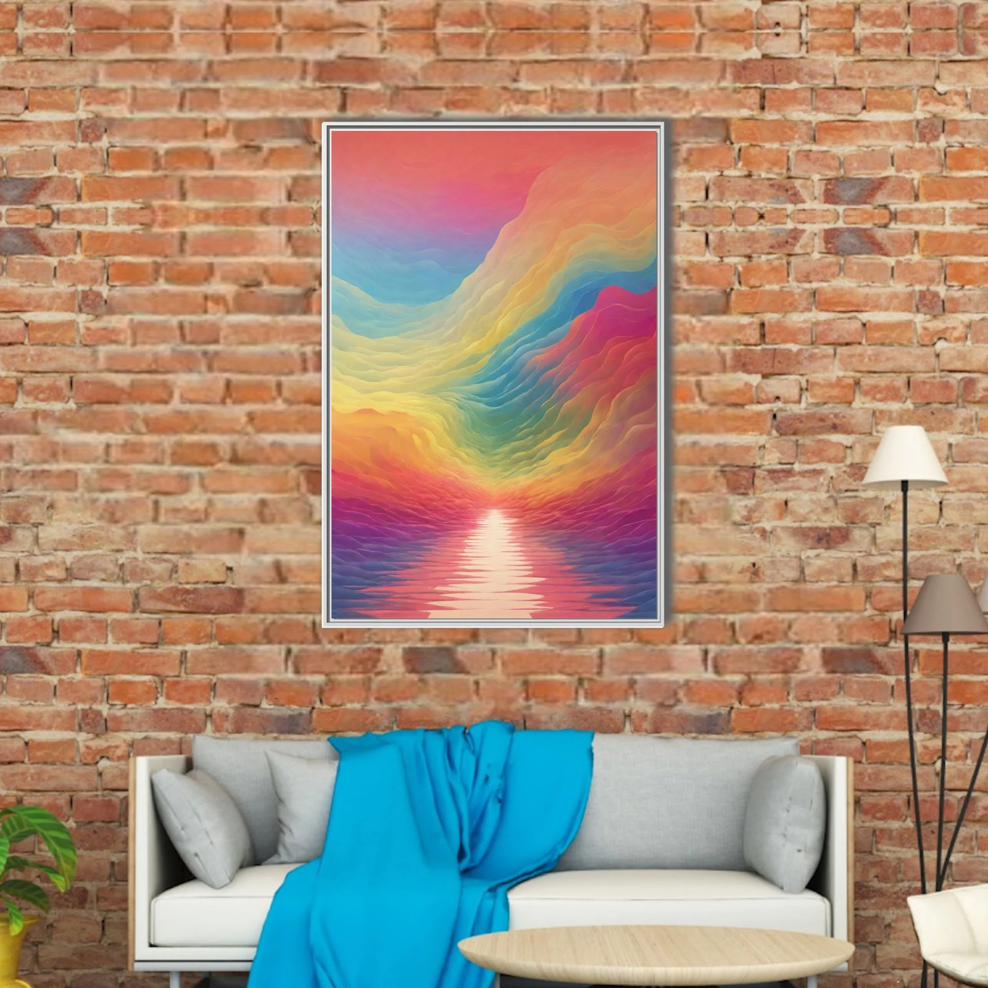 Abstract rainbow wave landscape with layered fluid gradients and glowing horizon