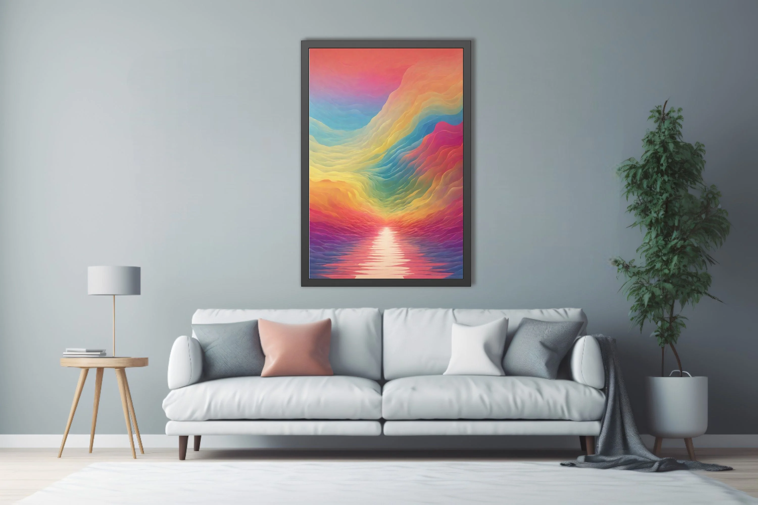 Abstract rainbow wave landscape with layered fluid gradients and glowing horizon