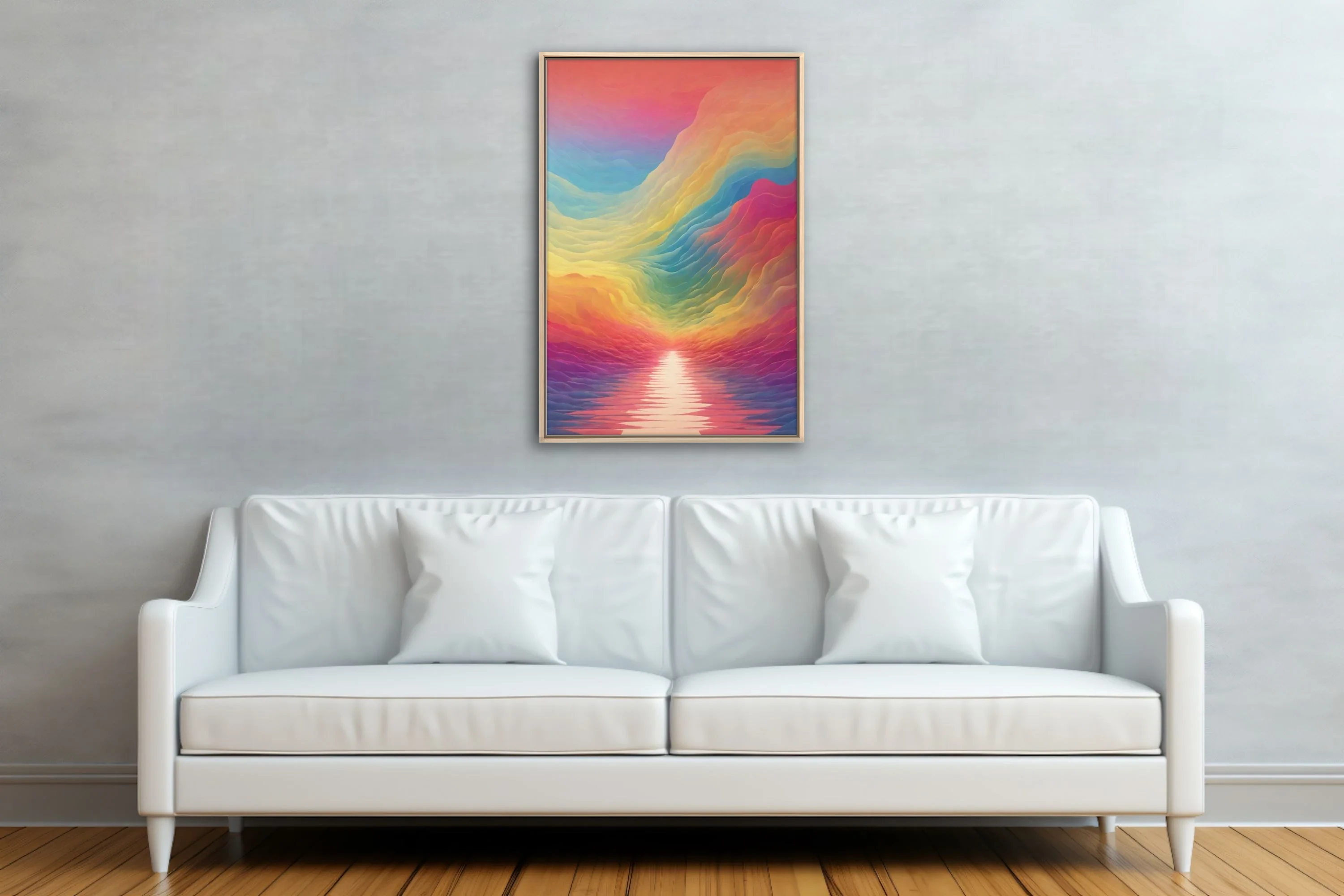 Abstract rainbow wave landscape with layered fluid gradients and glowing horizon