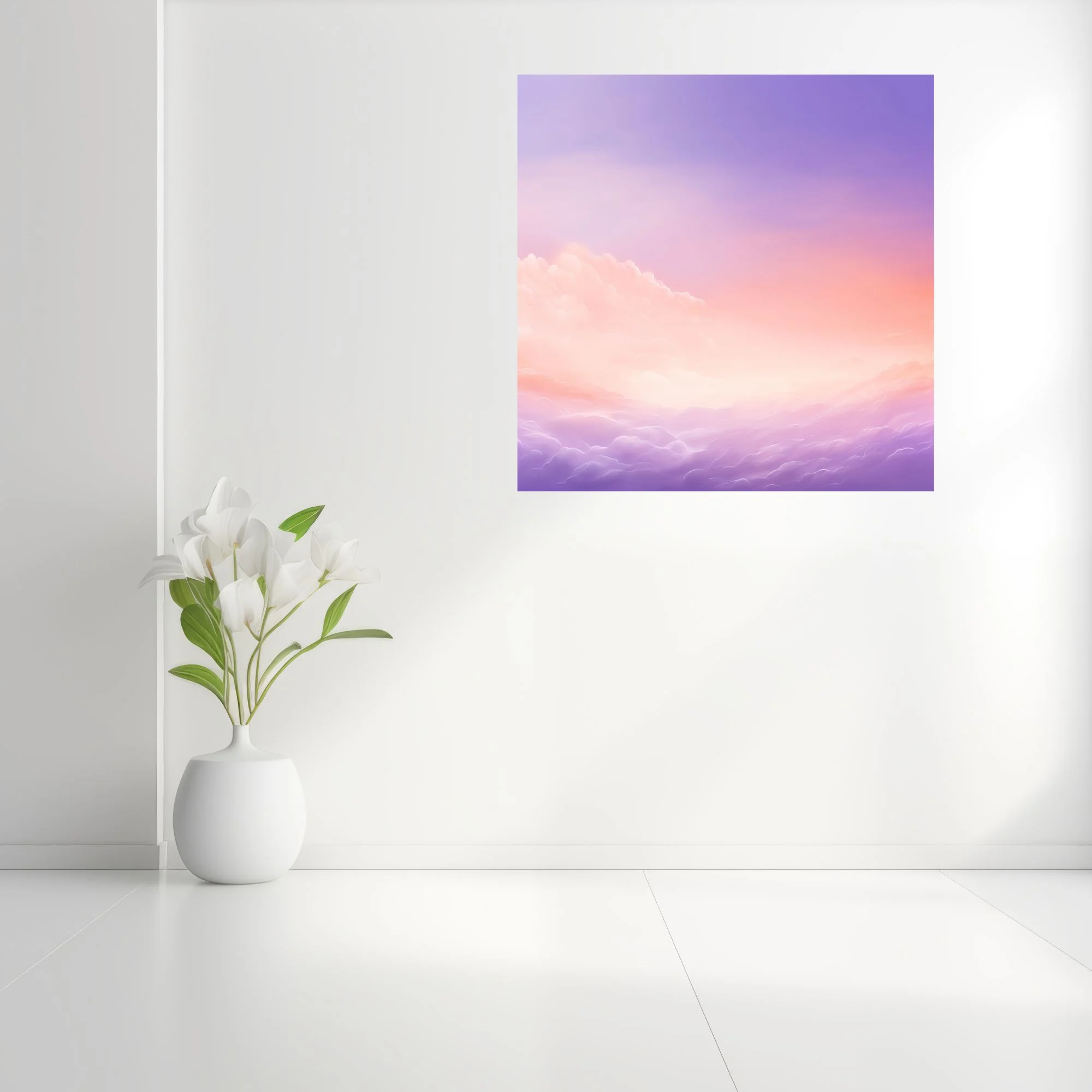 Pastel abstract sky illustration with lavender, peach, and golden cloud gradients