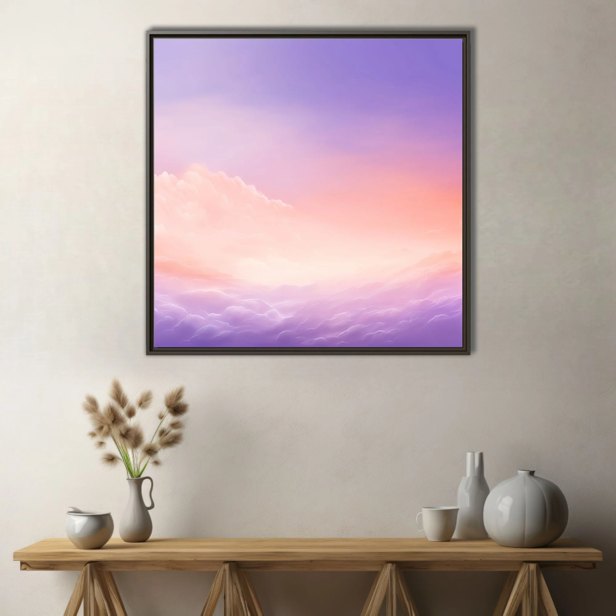 Pastel abstract sky illustration with lavender, peach, and golden cloud gradients