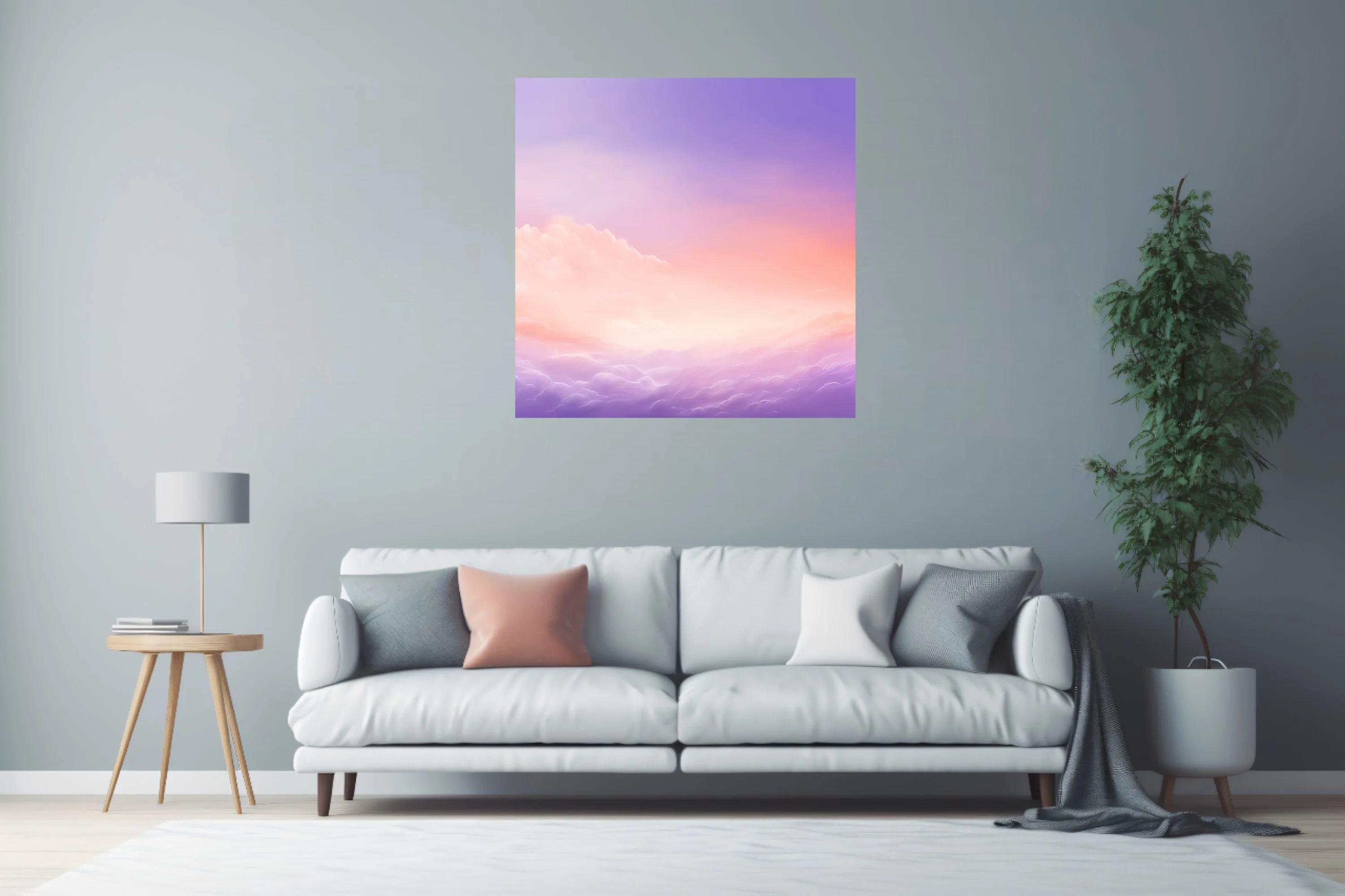 Pastel abstract sky illustration with lavender, peach, and golden cloud gradients