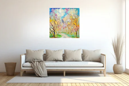 Expressive abstract landscape with bare trees in pastel pinks, blues, and yellows, thick strokes
