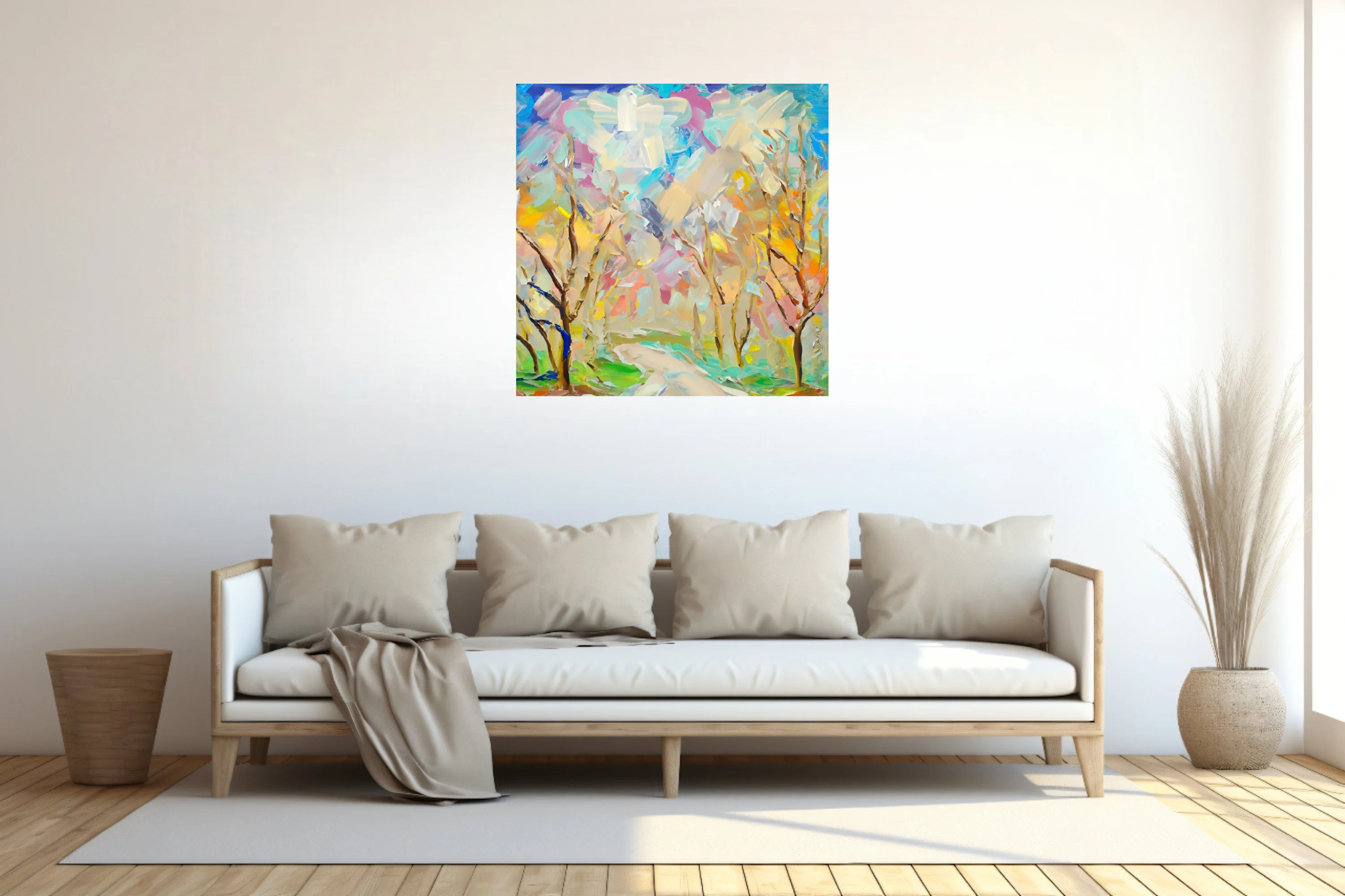 Expressive abstract landscape with bare trees in pastel pinks, blues, and yellows, thick strokes