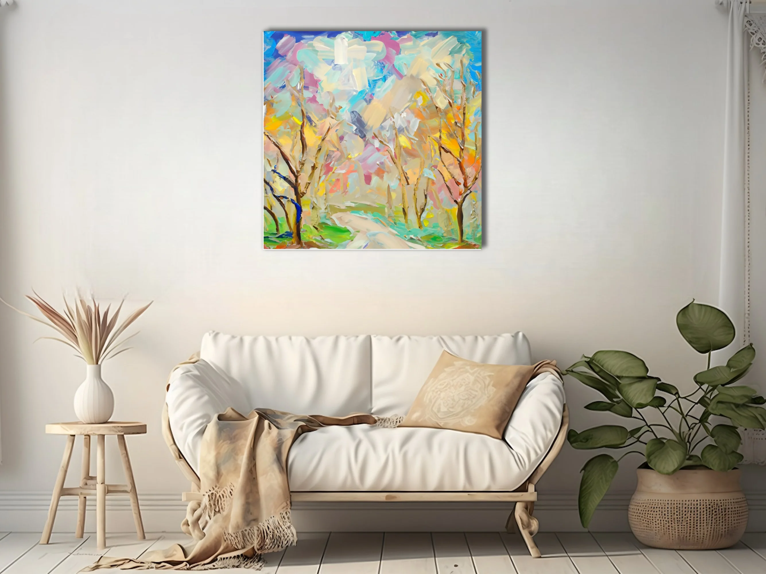 Expressive abstract landscape with bare trees in pastel pinks, blues, and yellows, thick strokes